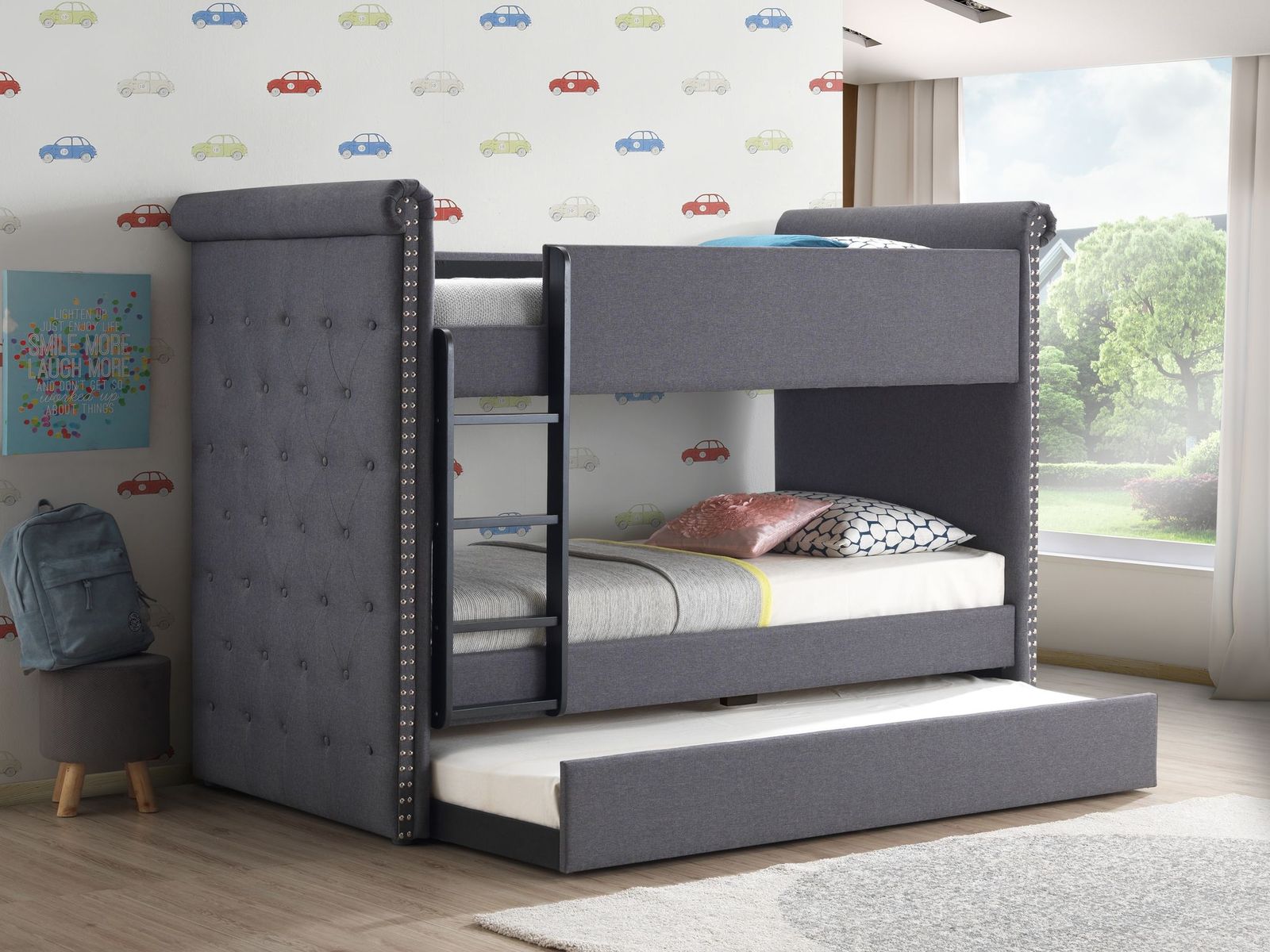 Romana II Bunk Bed & Trundle (Twin/Twin), Gray Fabric (1Set/3Ctn) 37855