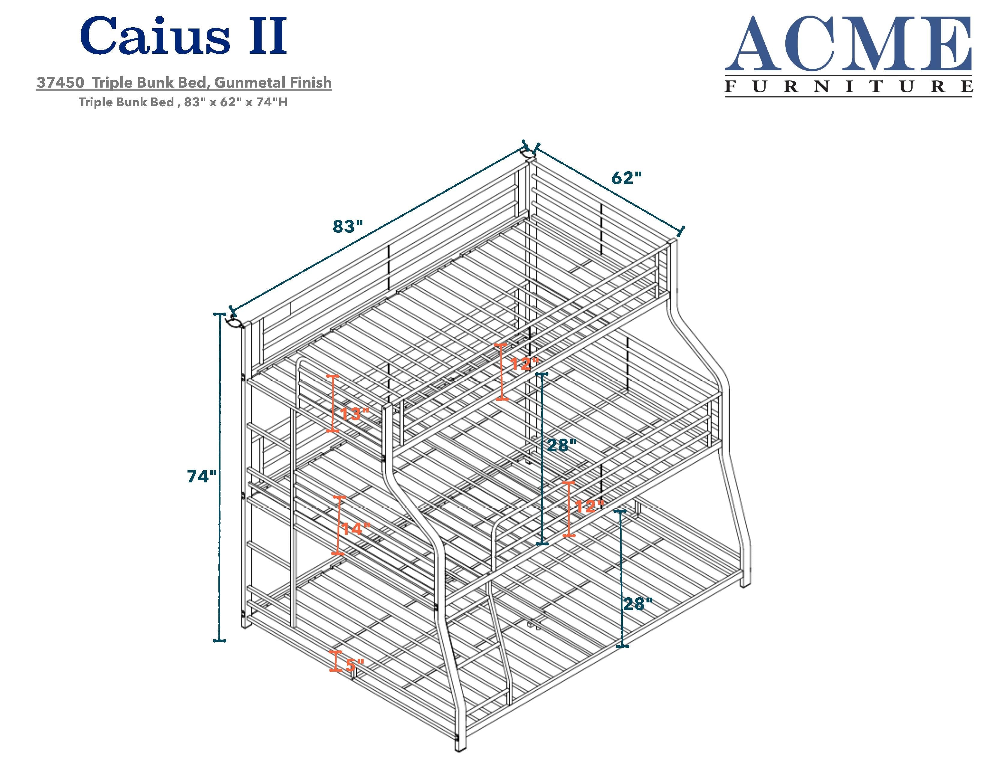 Caius II Bunk Bed - Triple Twin/Full/Queen in Gunmetal 37450