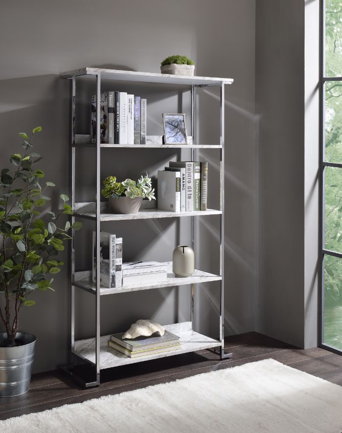 Visage Bookcase, White Printed Faux Marble & Chrome 92937