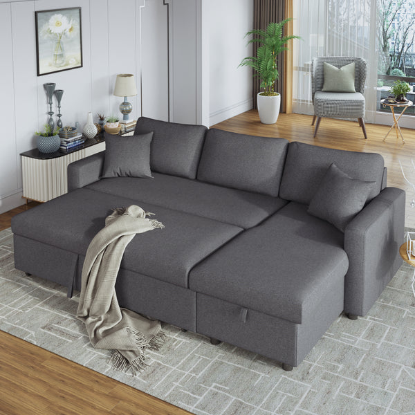 Upholstery  Sleeper Sectional Sofa Grey with Storage Space, 2 Tossing Cushions