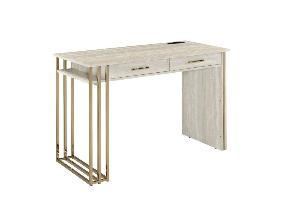 Tyeid Built-in USB Port Writing Desk, Antique White & Gold Finish 92935