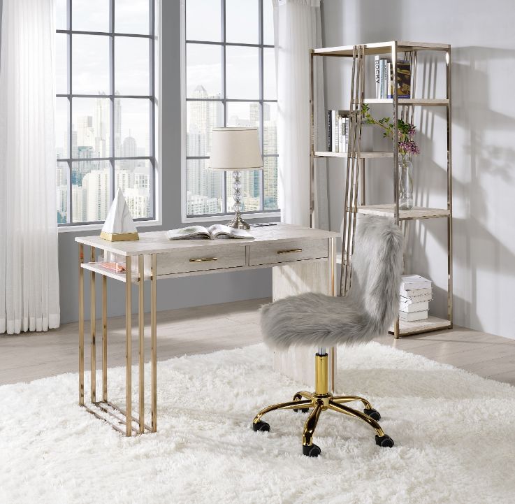 Tyeid Built-in USB Port Writing Desk, Antique White & Gold Finish 92935