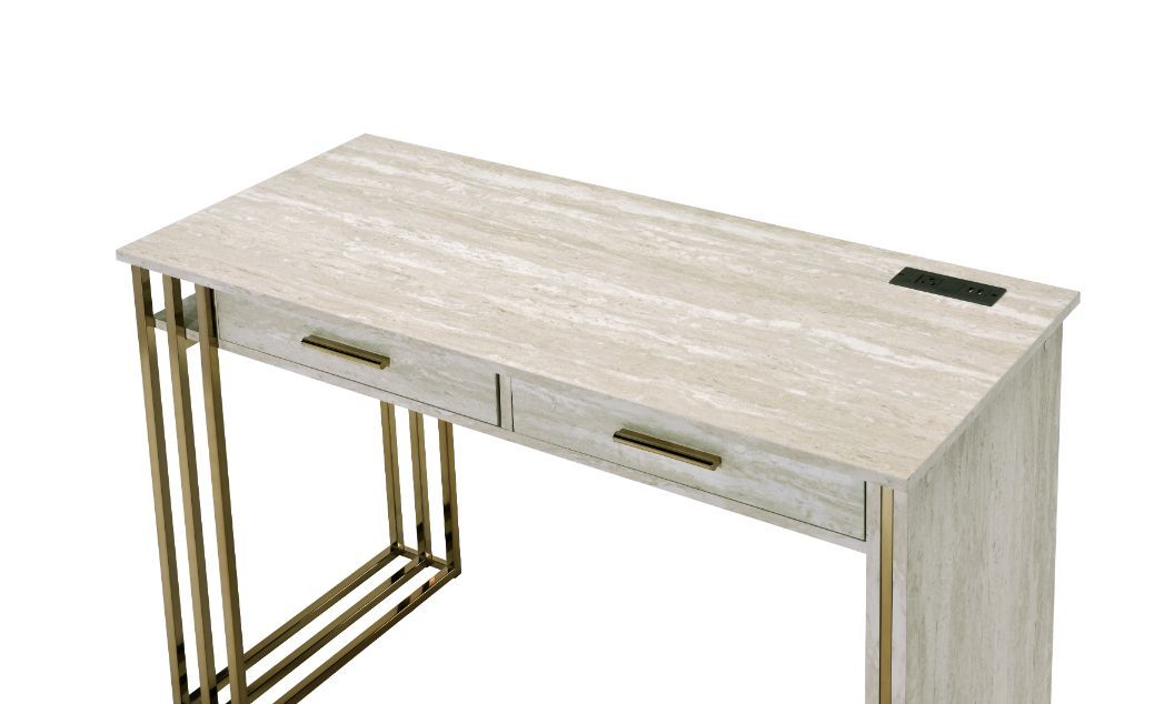 Tyeid Built-in USB Port Writing Desk, Antique White & Gold Finish 92935