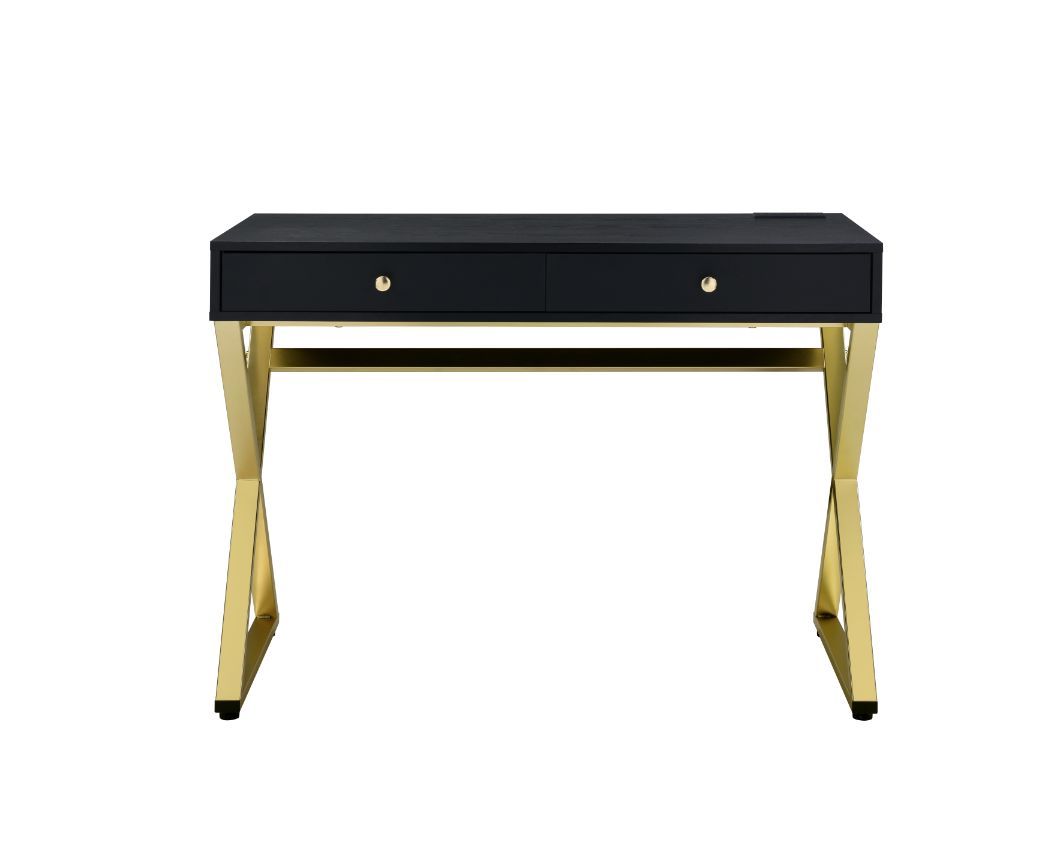 Coleen Built-in USB Port Writing Desk, Black & Brass Finish 93050