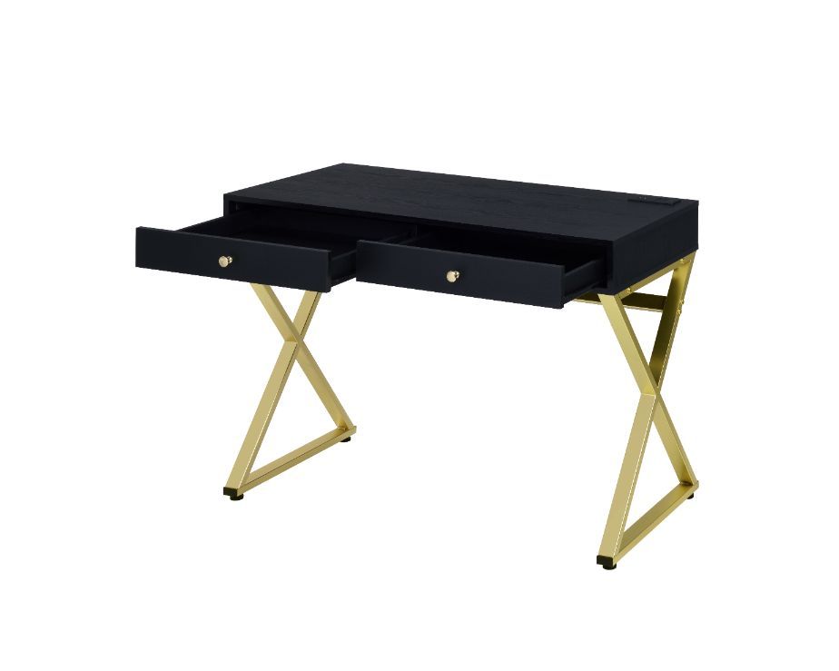 Coleen Built-in USB Port Writing Desk, Black & Brass Finish 93050