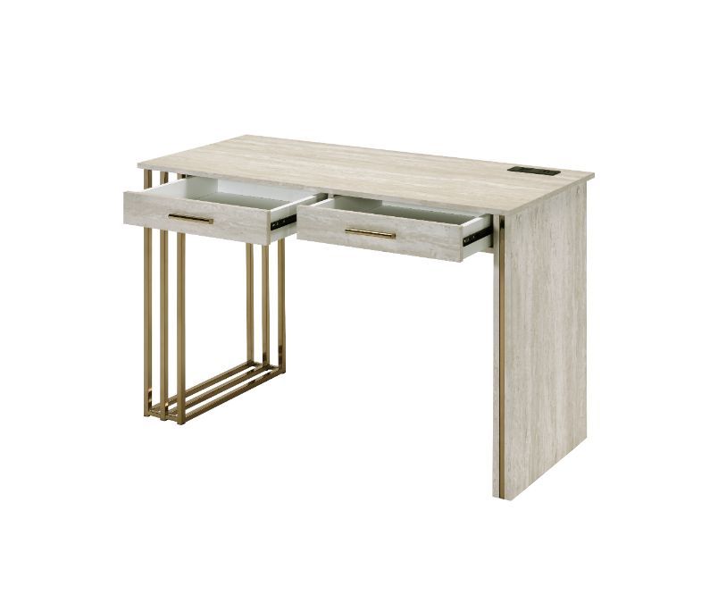 Tyeid Built-in USB Port Writing Desk, Antique White & Gold Finish 92935