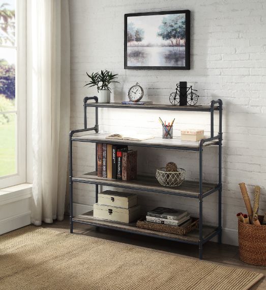 Cordelia Built-in USB Port Book Shelf, LED, Antique Oak, Sandy Black & Dark Bronze Hand-Brushed Finish 92999