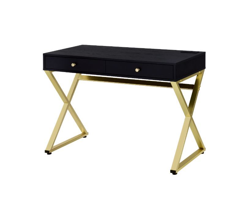 Coleen Built-in USB Port Writing Desk, Black & Brass Finish 93050