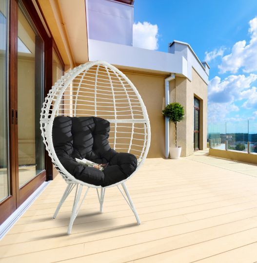 Galzed Patio Lounge Chair, Black Fabric & White Wicker 45109