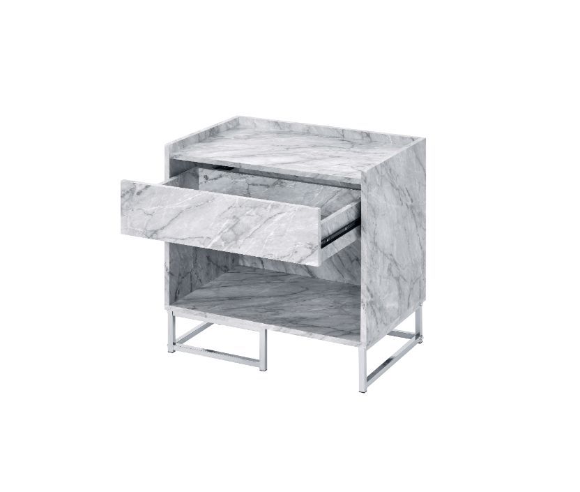 Azrael Accent Table, White Printed Faux Marble & Chrome Finish 97865