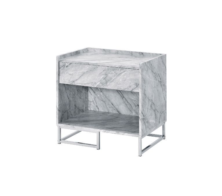 Azrael Accent Table, White Printed Faux Marble & Chrome Finish 97865