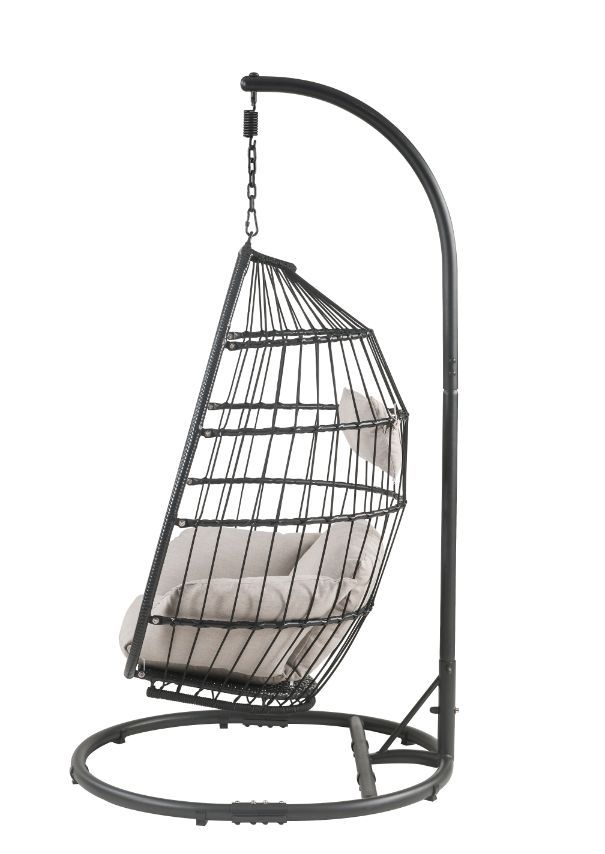 Oldi Patio Hanging Chair with Stand, Beige Fabric & Black Wicker 45115