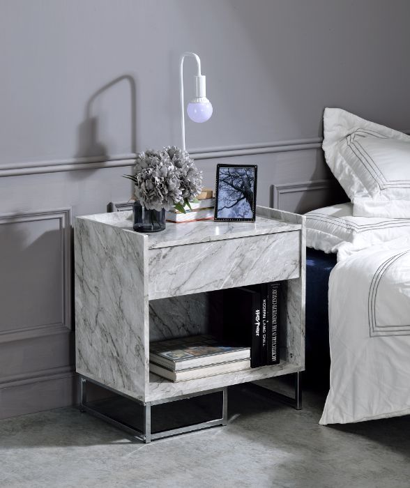 Azrael Accent Table, White Printed Faux Marble & Chrome Finish 97865