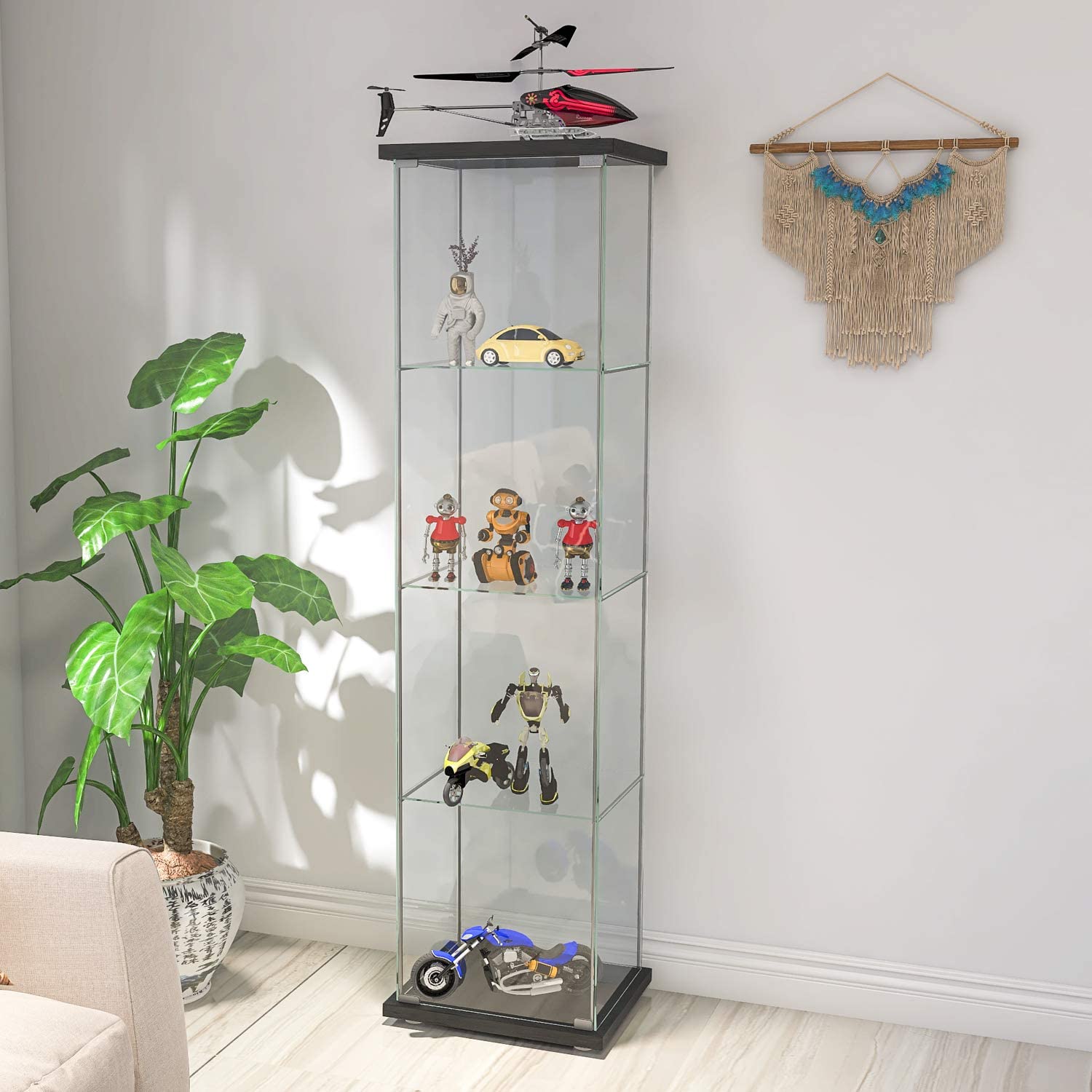 Glass Cabinet-b      Glass Display Cabinet 4 Shelves with Door, Floor Standing Curio Bookshelf for Living Room Bedroom Office, 64” x 17”x 14.5”, Black