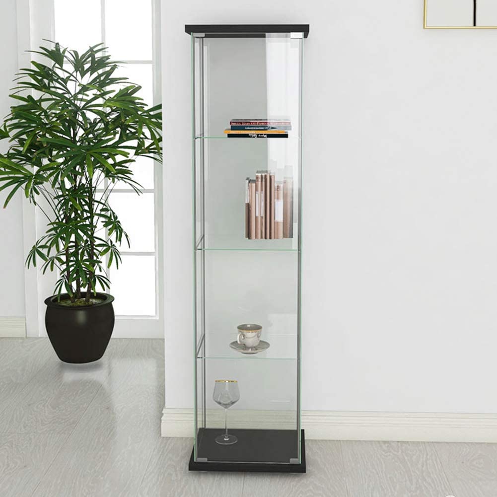 Glass Cabinet-b      Glass Display Cabinet 4 Shelves with Door, Floor Standing Curio Bookshelf for Living Room Bedroom Office, 64” x 17”x 14.5”, Black