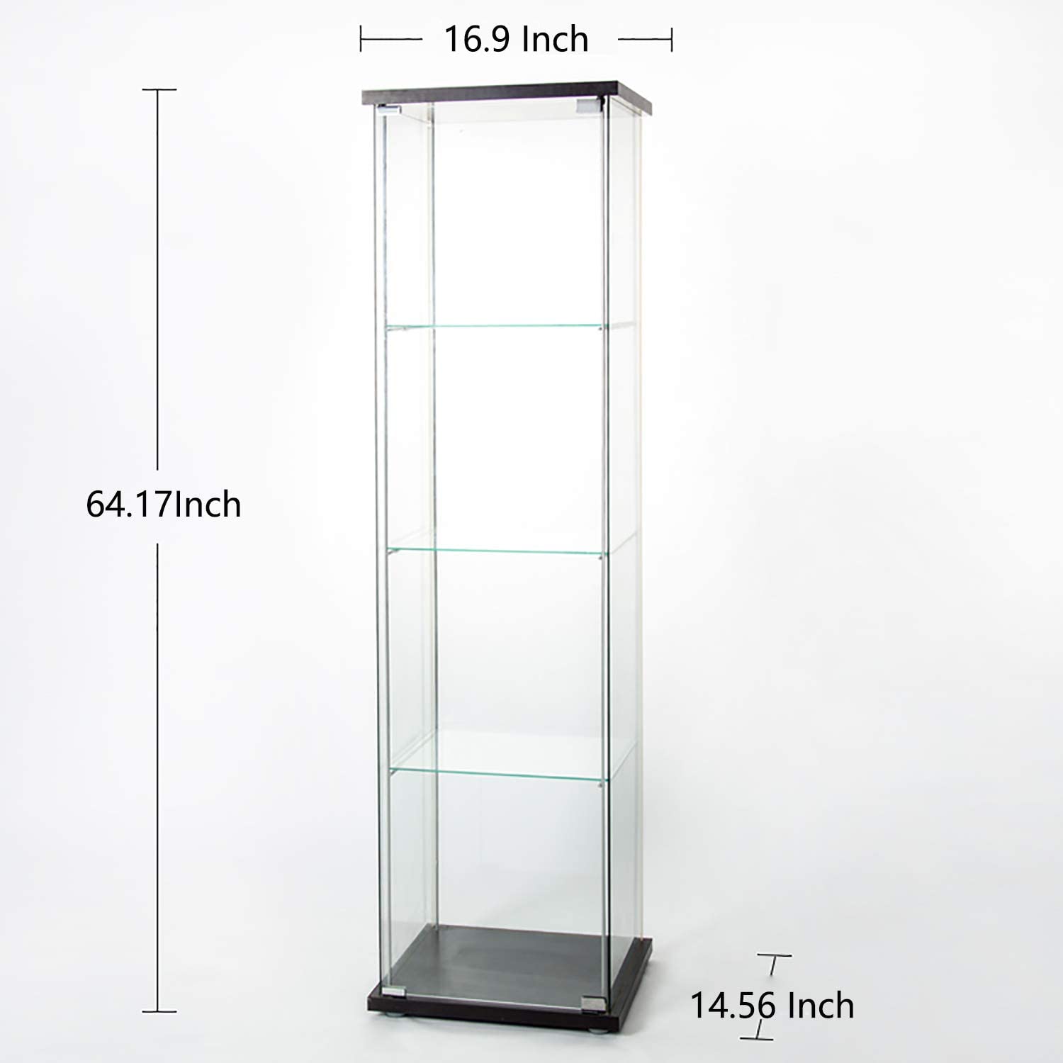 Glass Cabinet-b      Glass Display Cabinet 4 Shelves with Door, Floor Standing Curio Bookshelf for Living Room Bedroom Office, 64” x 17”x 14.5”, Black