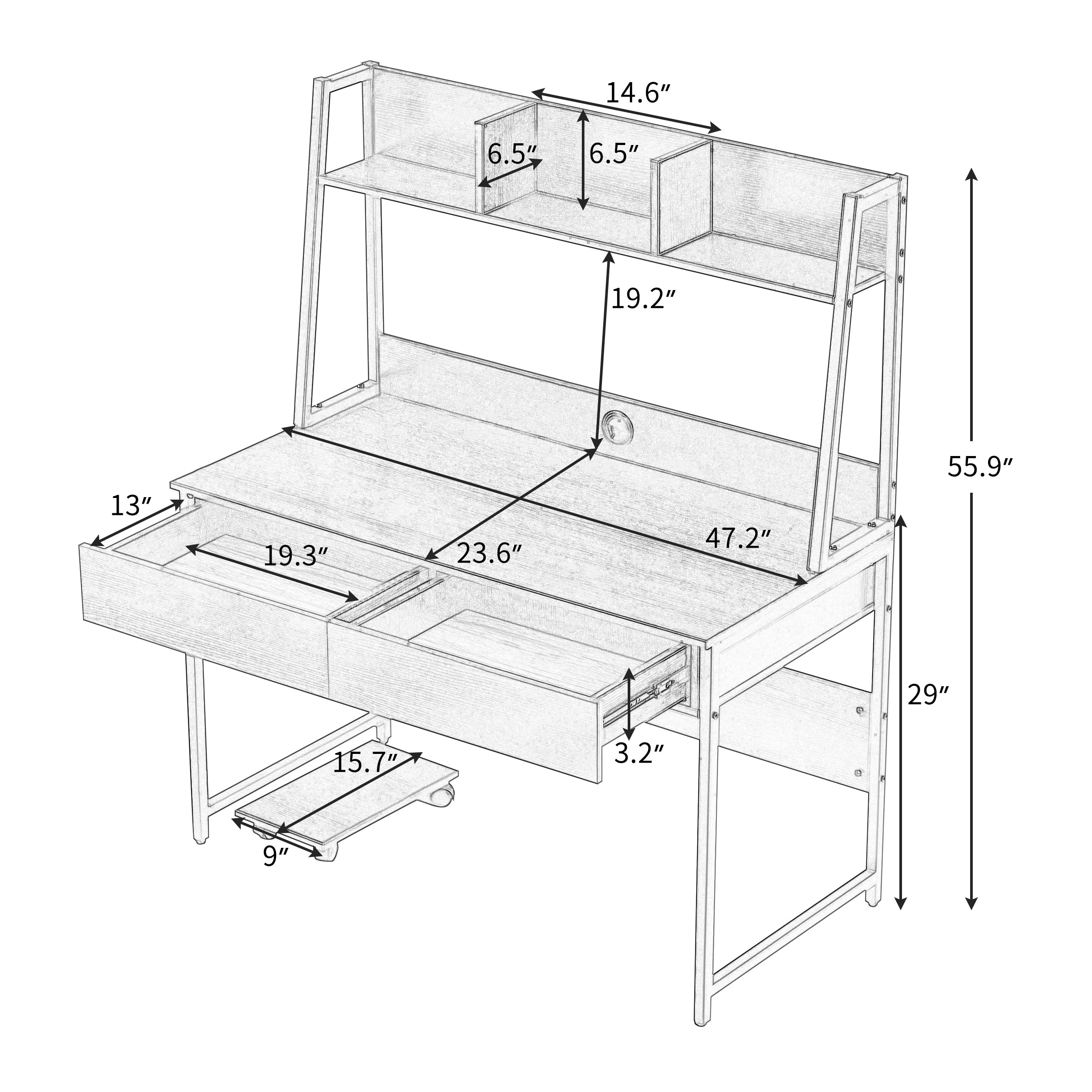 Home office Computer Desk with Hutch/ Bookshelf, Desk with Space Saving Design（Black）