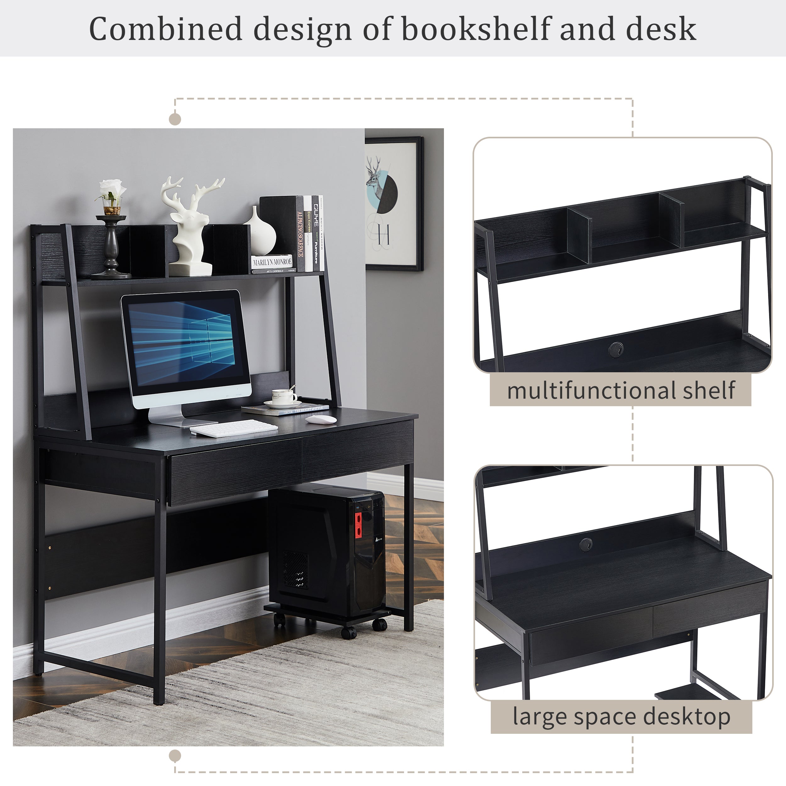 Home office Computer Desk with Hutch/ Bookshelf, Desk with Space Saving Design（Black）