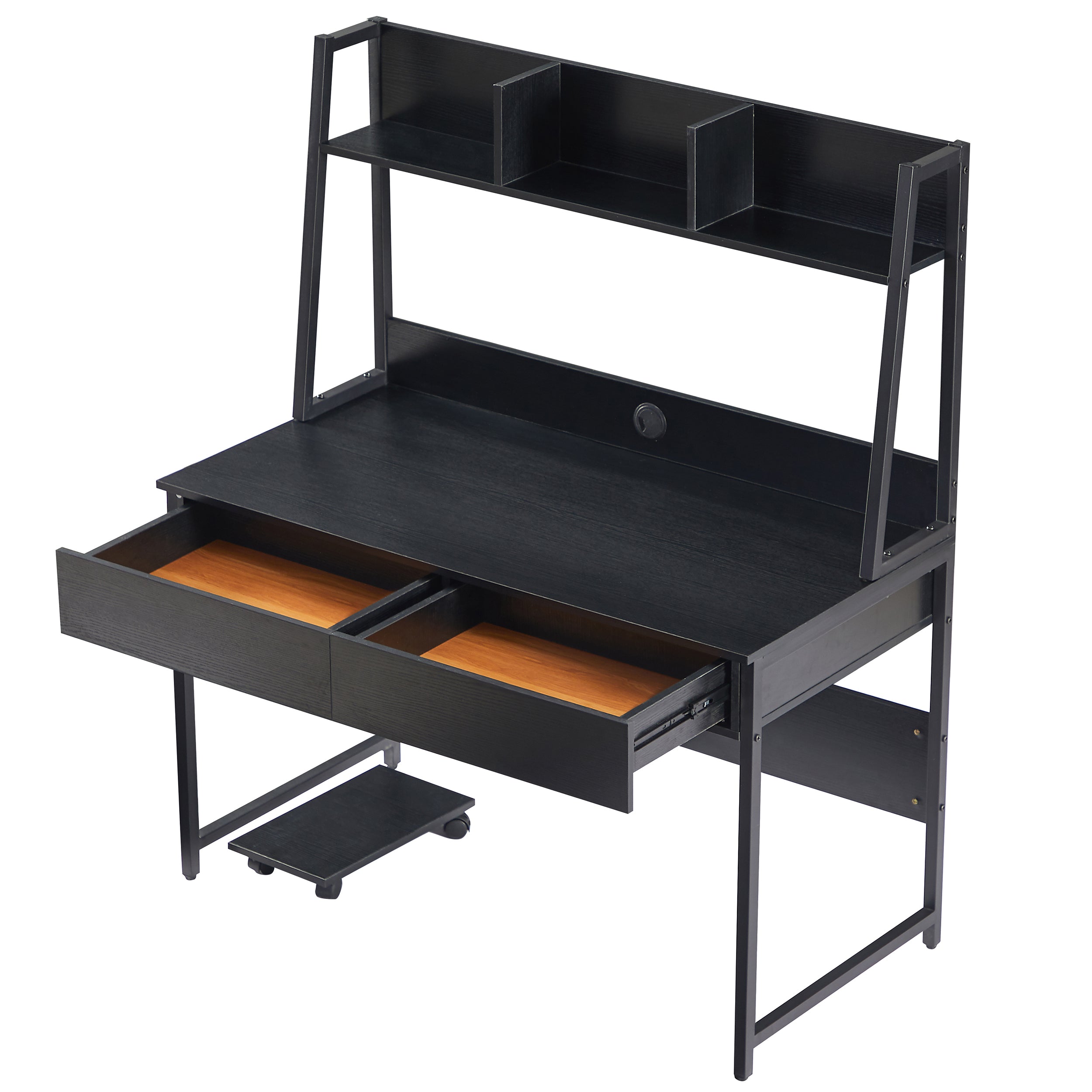 Home office Computer Desk with Hutch/ Bookshelf, Desk with Space Saving Design（Black）