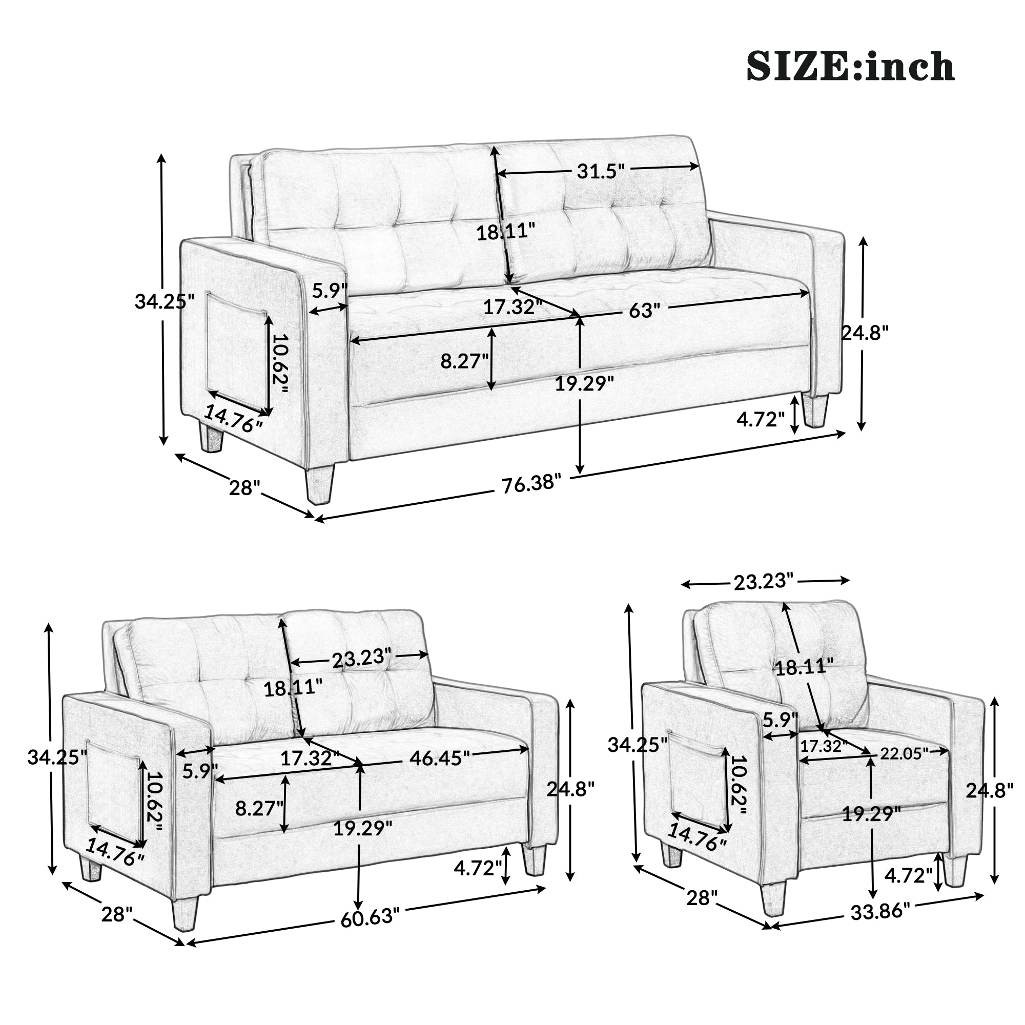 Sofa Set Morden Style Couch Furniture Upholstered Armchair, Loveseat and Three Seat for Home or Office (1+2 Seat)