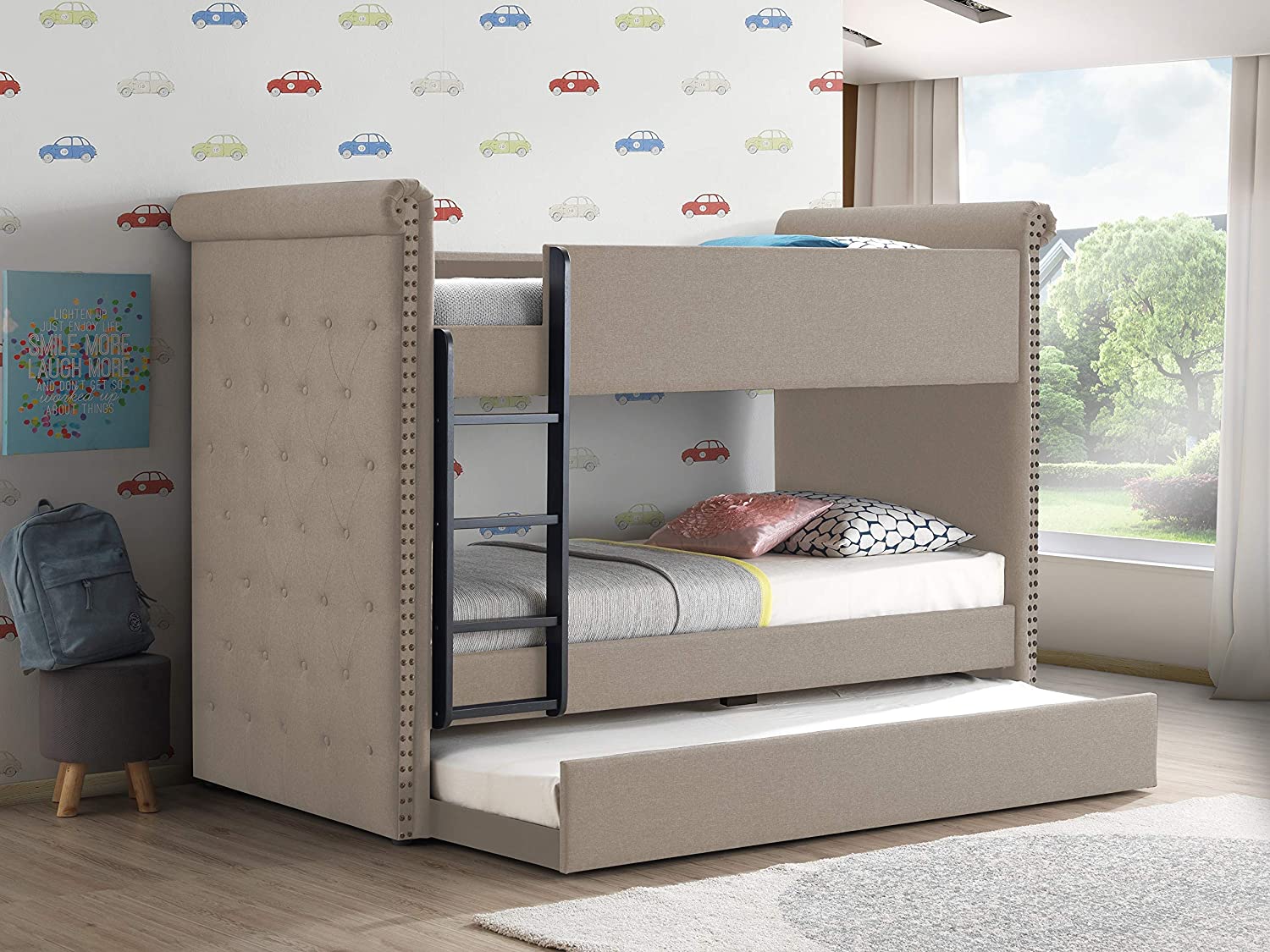 Romana II Bunk Bed & Trundle (Twin/Twin), Beige Fabric (1Set/3Ctn) 37850