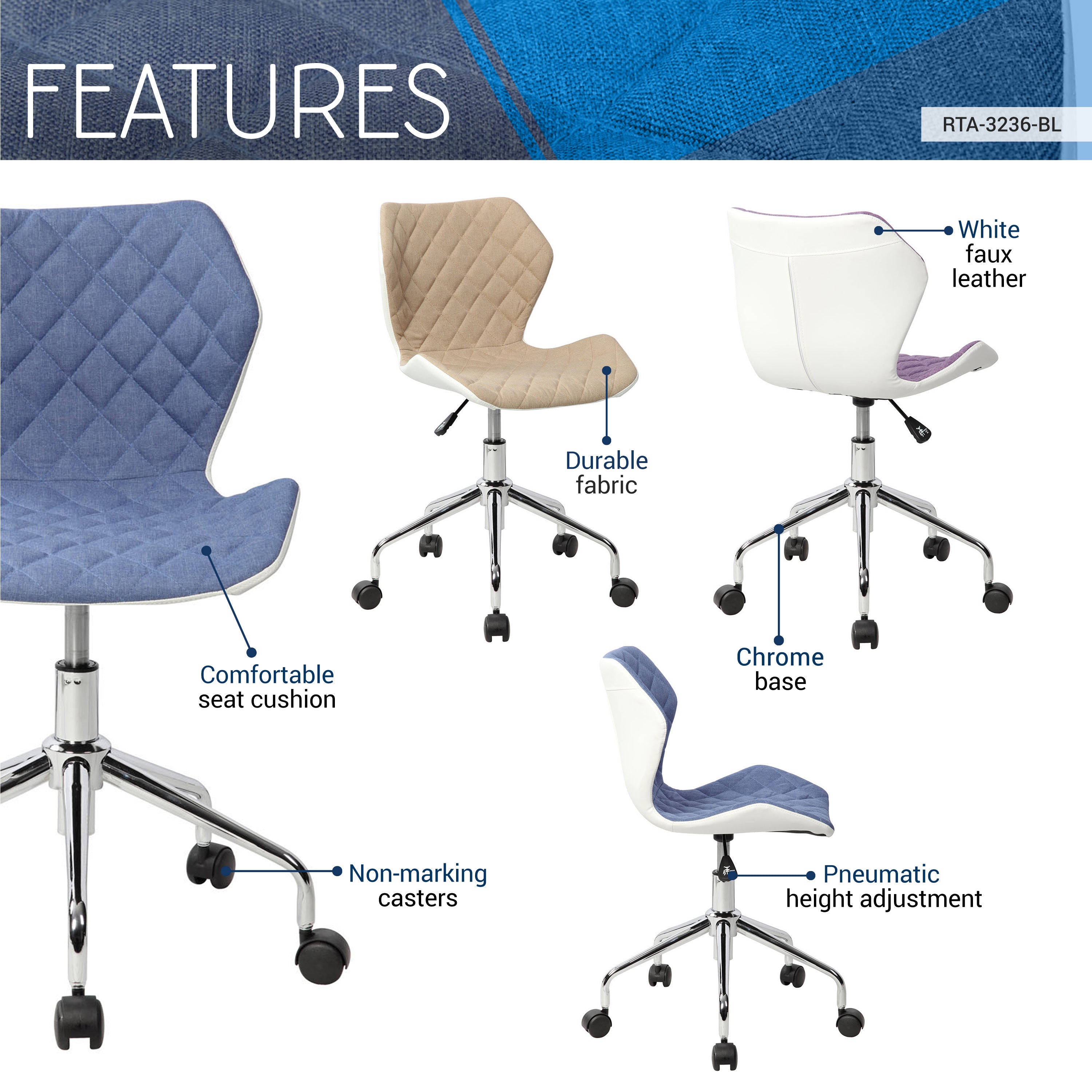 Techni Mobili Modern Height Adjustable Office Task Chair, Blue