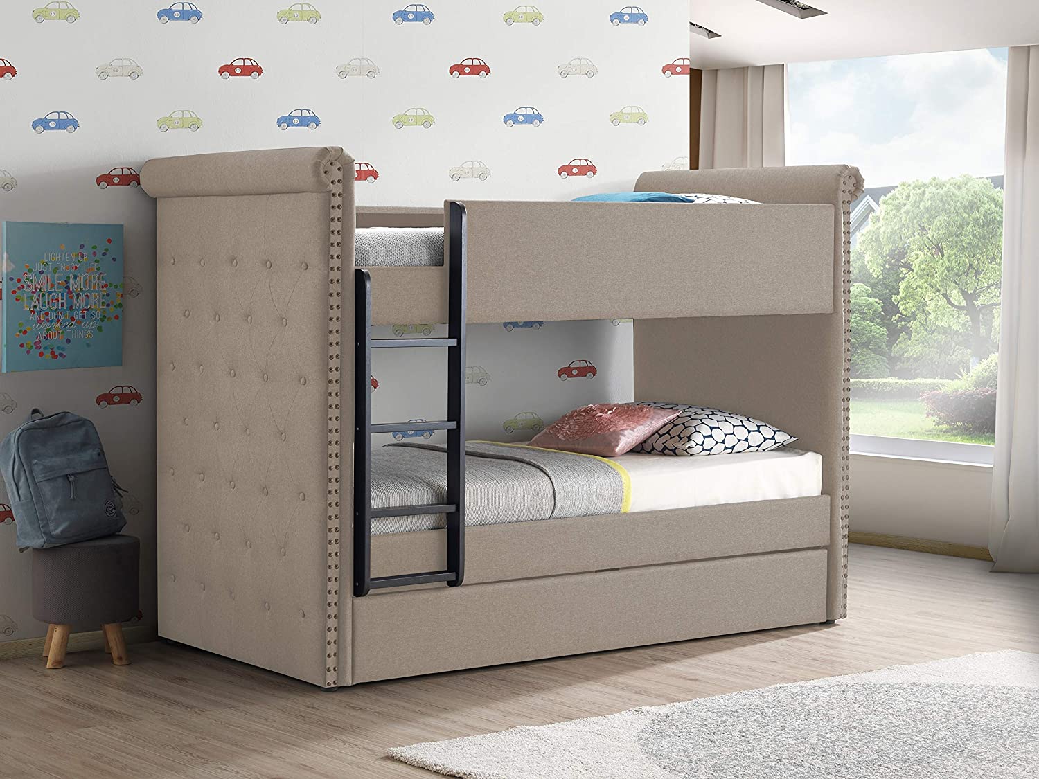 Romana II Bunk Bed & Trundle (Twin/Twin), Beige Fabric (1Set/3Ctn) 37850