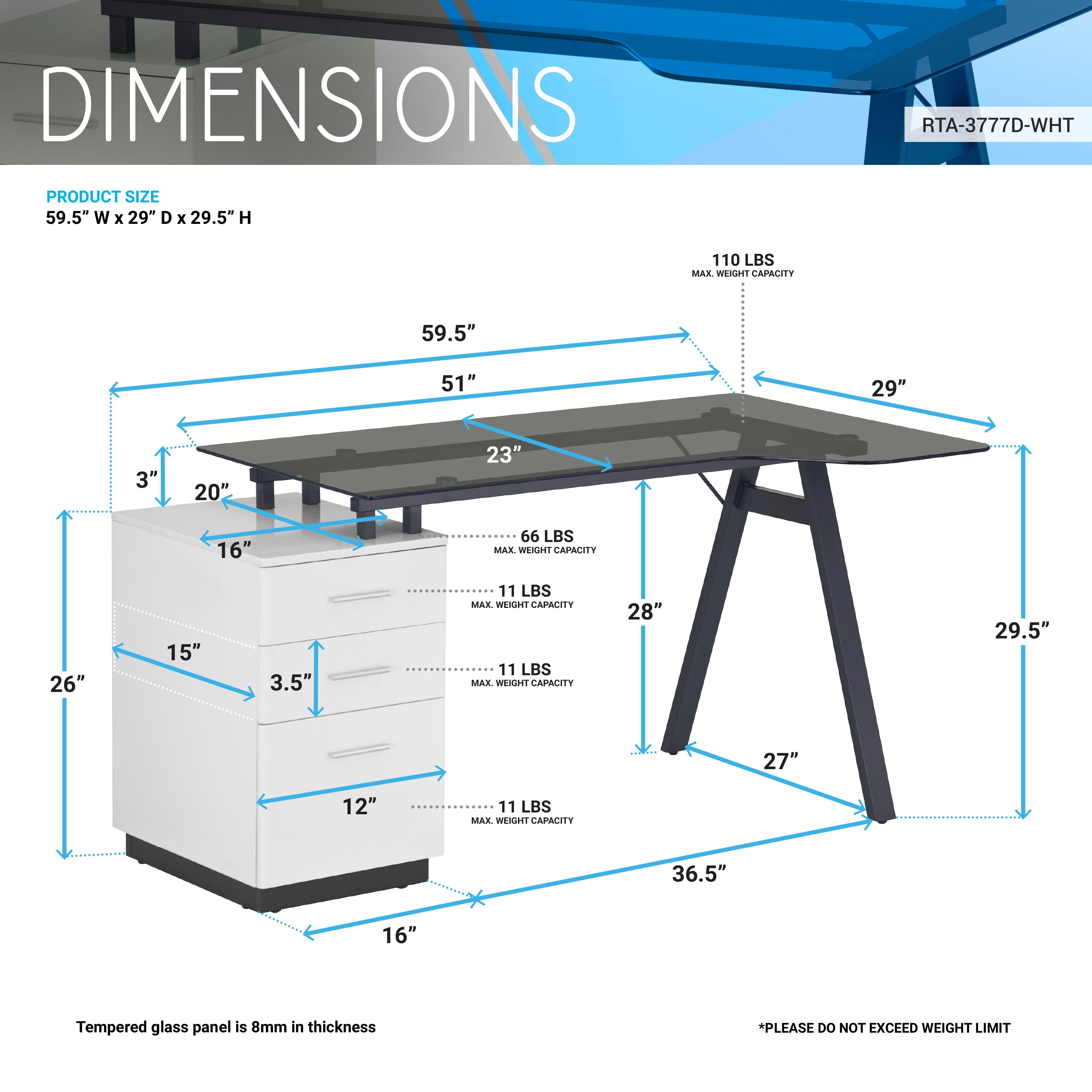 Techni Mobili Modern Home Office Computer Desk with smoke tempered glass top  storage - White