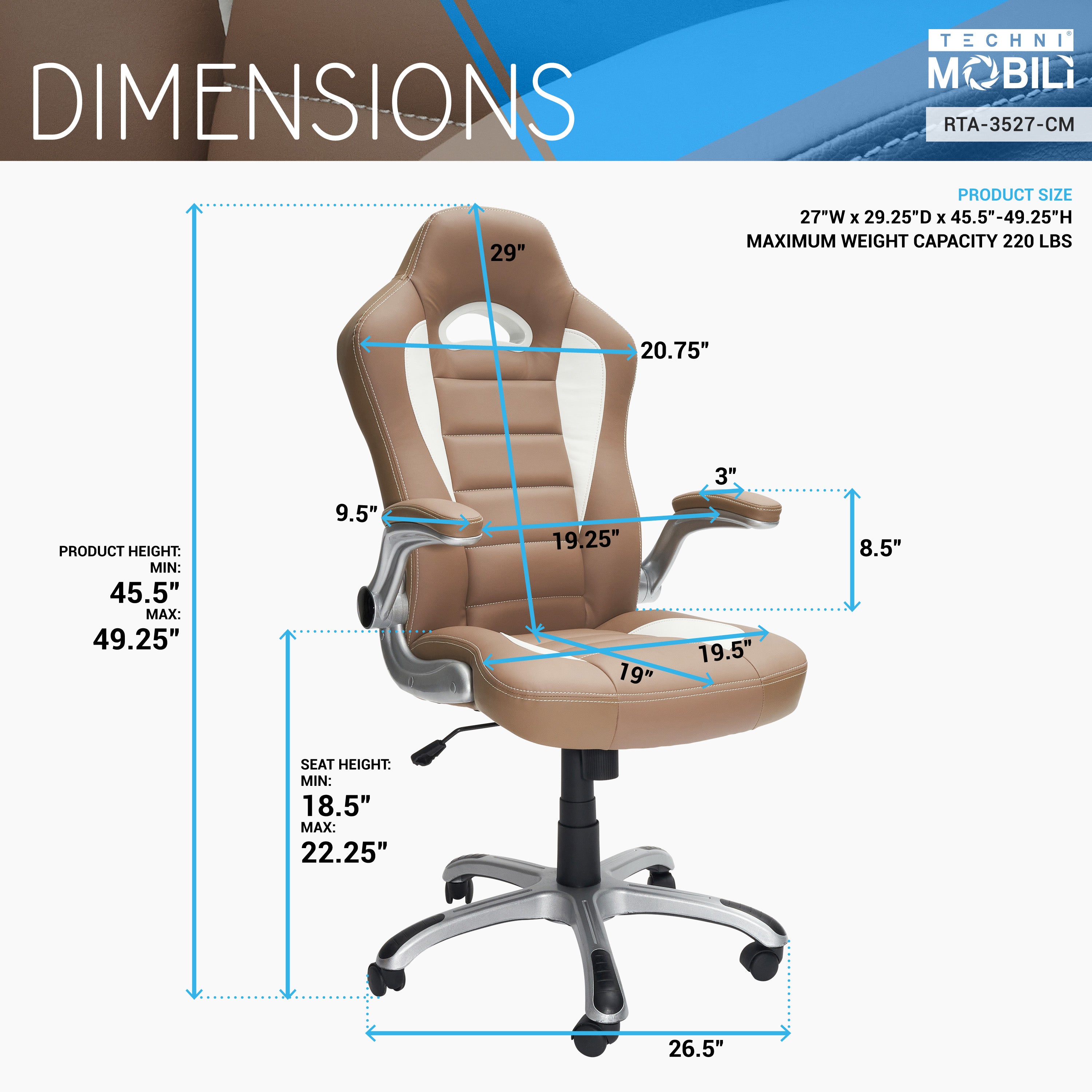 Techni Mobili High Back Executive Sport Race Office Chair with Flip-Up Arms, Camel