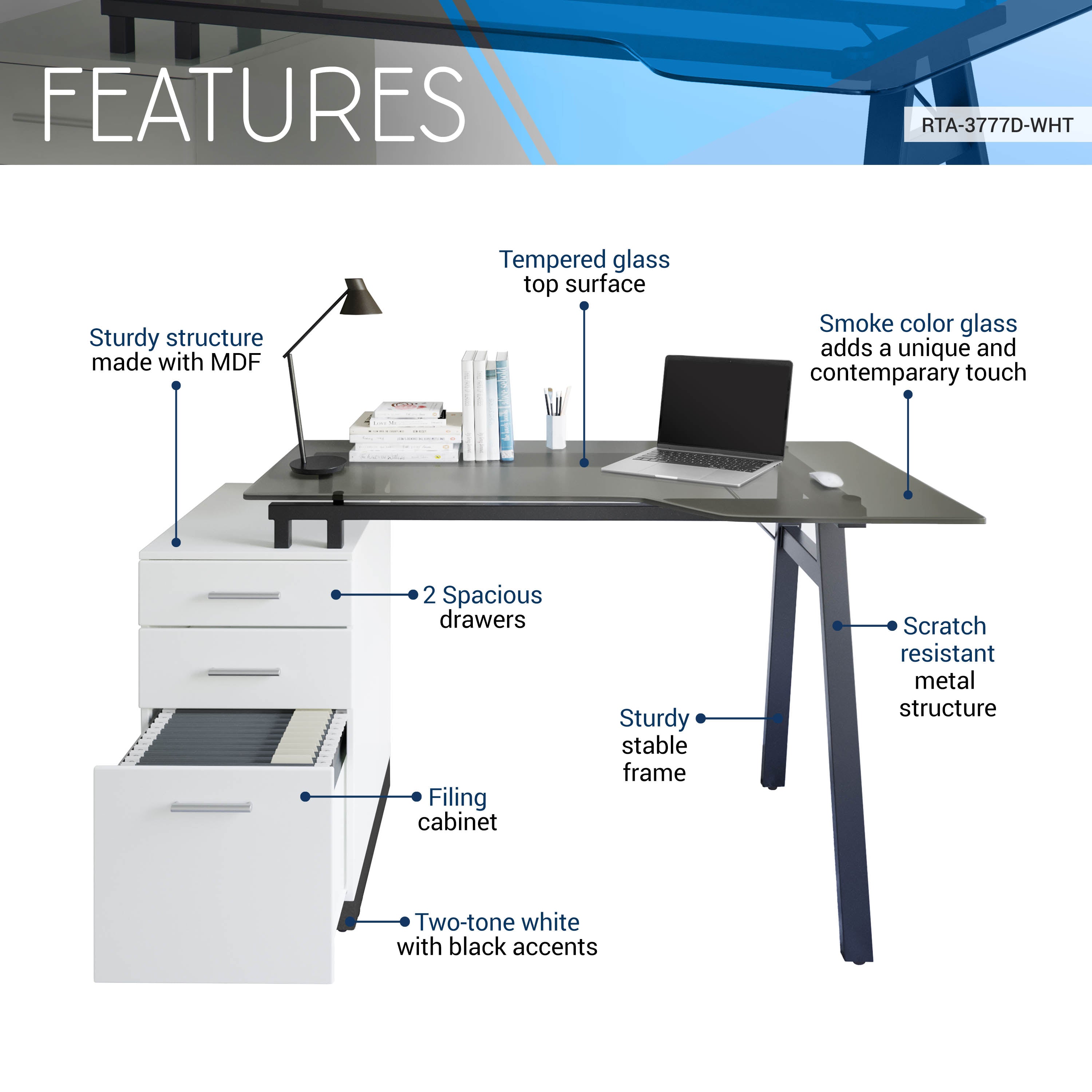 Techni Mobili Modern Home Office Computer Desk with smoke tempered glass top  storage - White