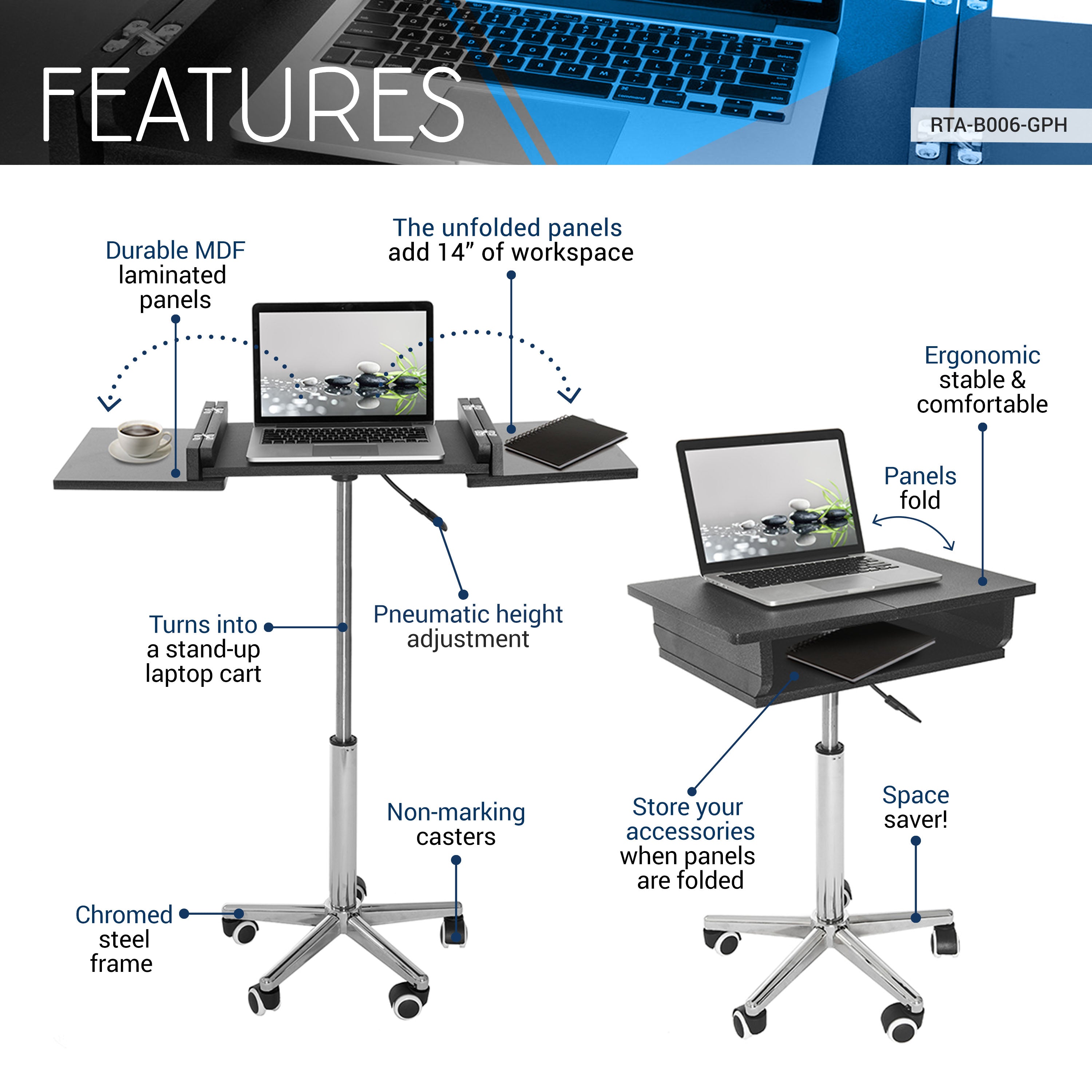 Techni Mobili Folding Table Laptop Cart, Graphite