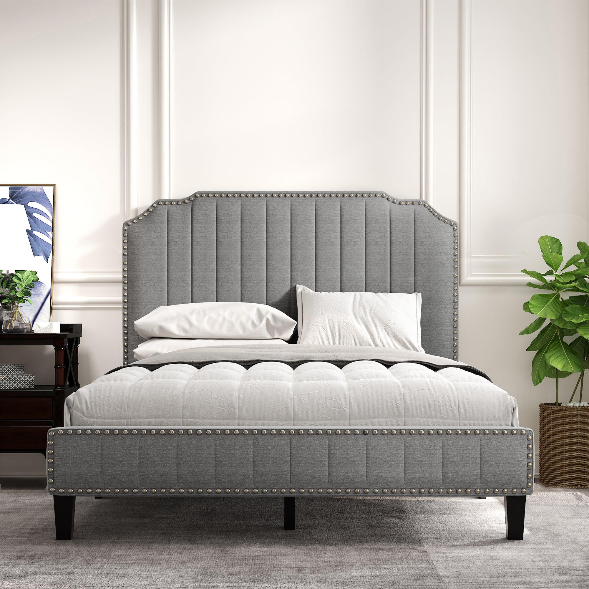 Modern Linen Curved Upholstered Platform Bed , Solid Wood Frame , Nailhead Trim (Full)