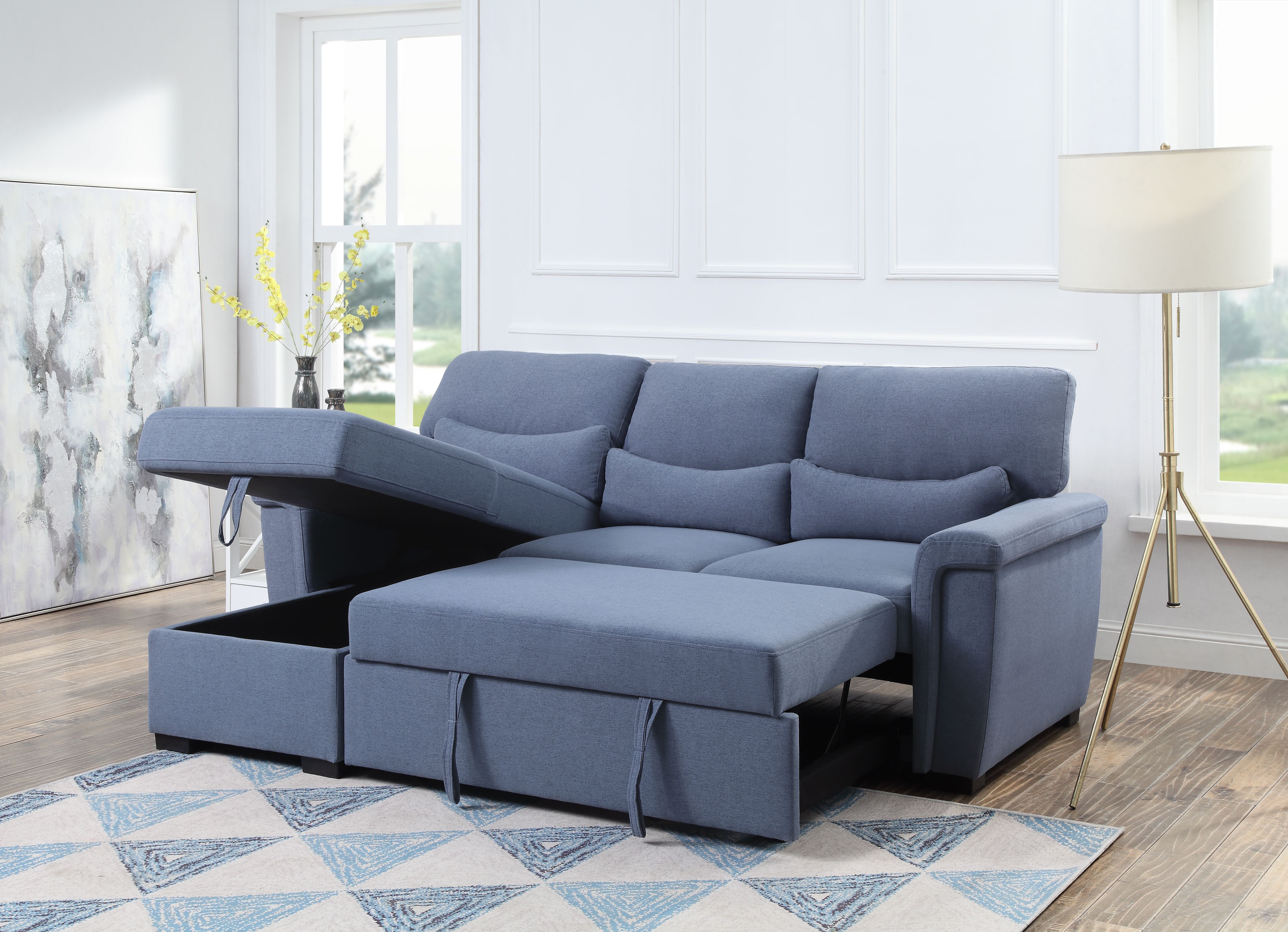 Noemi Reversible Storage Sleeper Sectional Sofa, Blue Fabric 55540