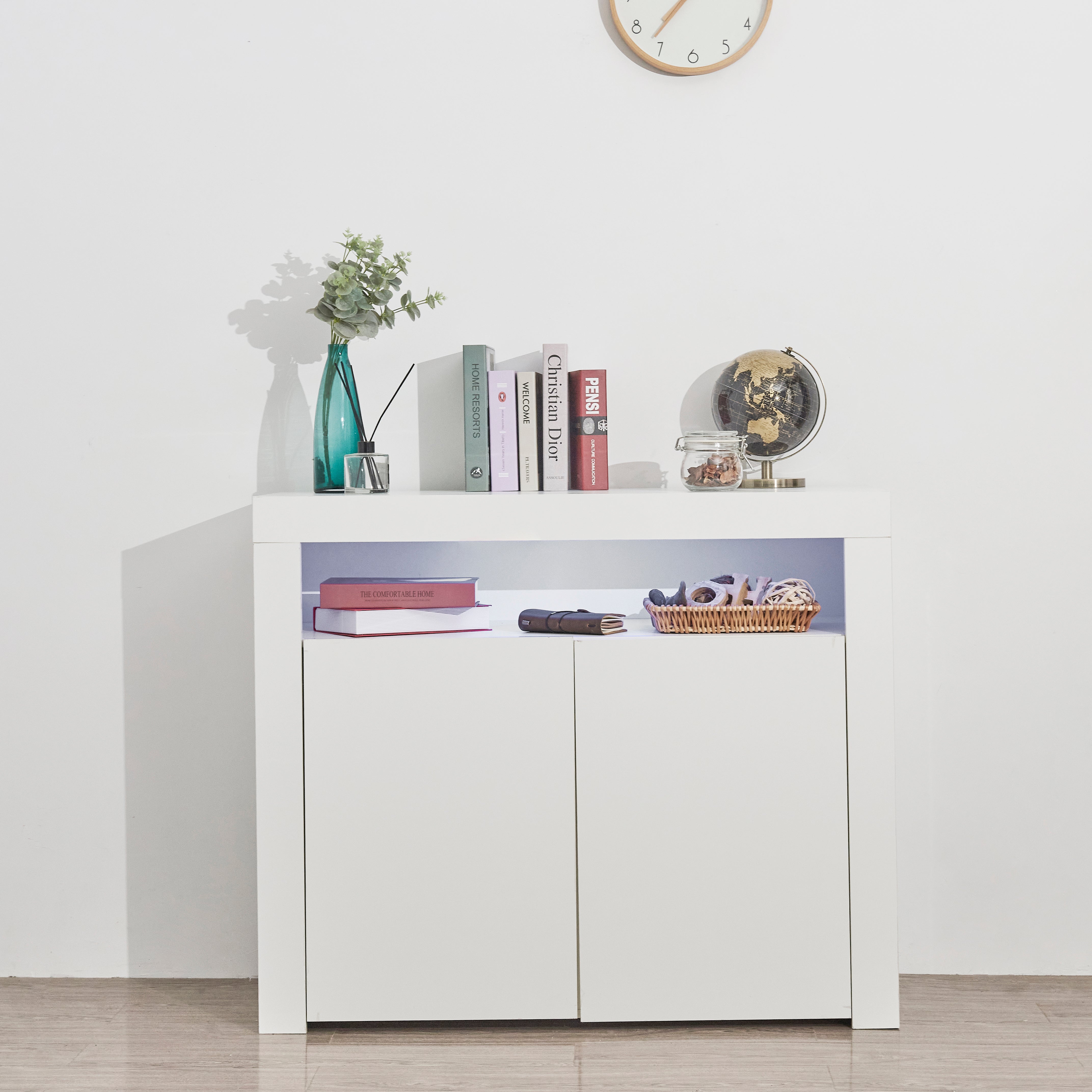 Living Room Sideboard Storage Cabinet White High Gloss with LED Light, Modern Kitchen Unit Cupboard Buffet Wooden Storage Display Cabinet TV Stand with 2 Doors for Hallway Dining Room