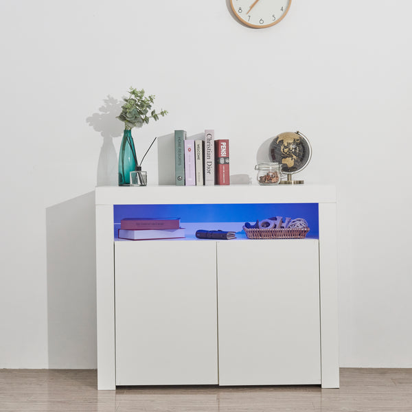 Living Room Sideboard Storage Cabinet White High Gloss with LED Light, Modern Kitchen Unit Cupboard Buffet Wooden Storage Display Cabinet TV Stand with 2 Doors for Hallway Dining Room