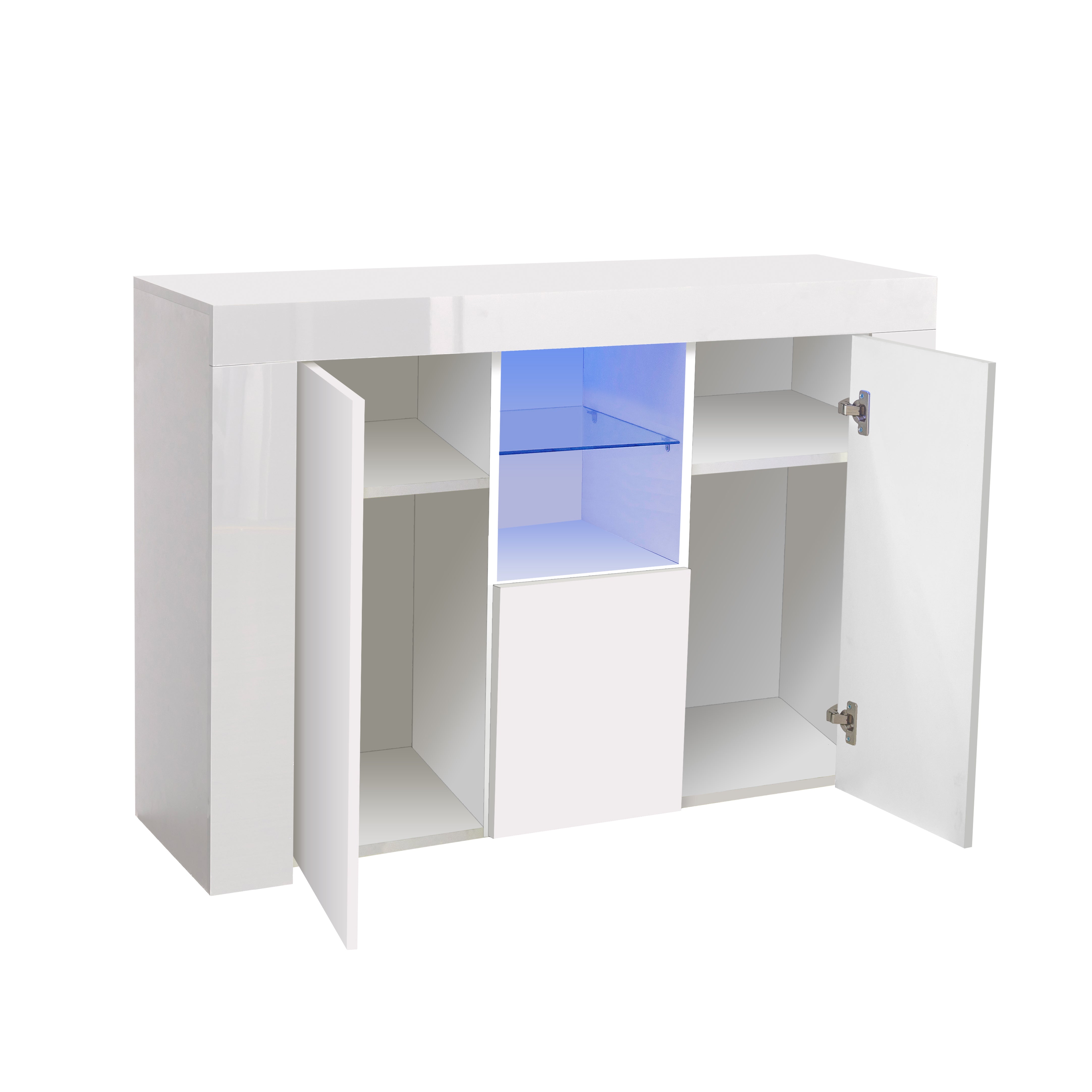 Kitchen Sideboard Cupboard with LED Light, White High Gloss Dining Room Buffet Storage Cabinet Hallway Living Room TV Stand Unit Display Cabinet with Drawer and 2 Doors