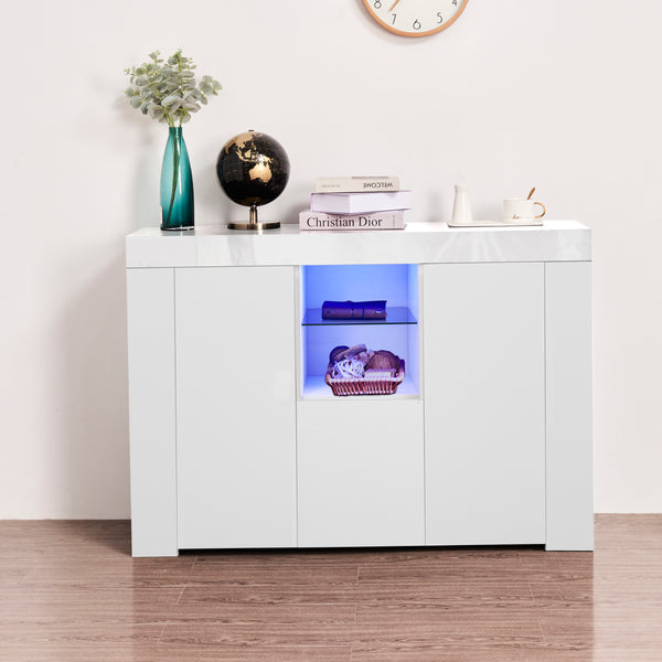 Kitchen Sideboard Cupboard with LED Light, White High Gloss Dining Room Buffet Storage Cabinet Hallway Living Room TV Stand Unit Display Cabinet with Drawer and 2 Doors