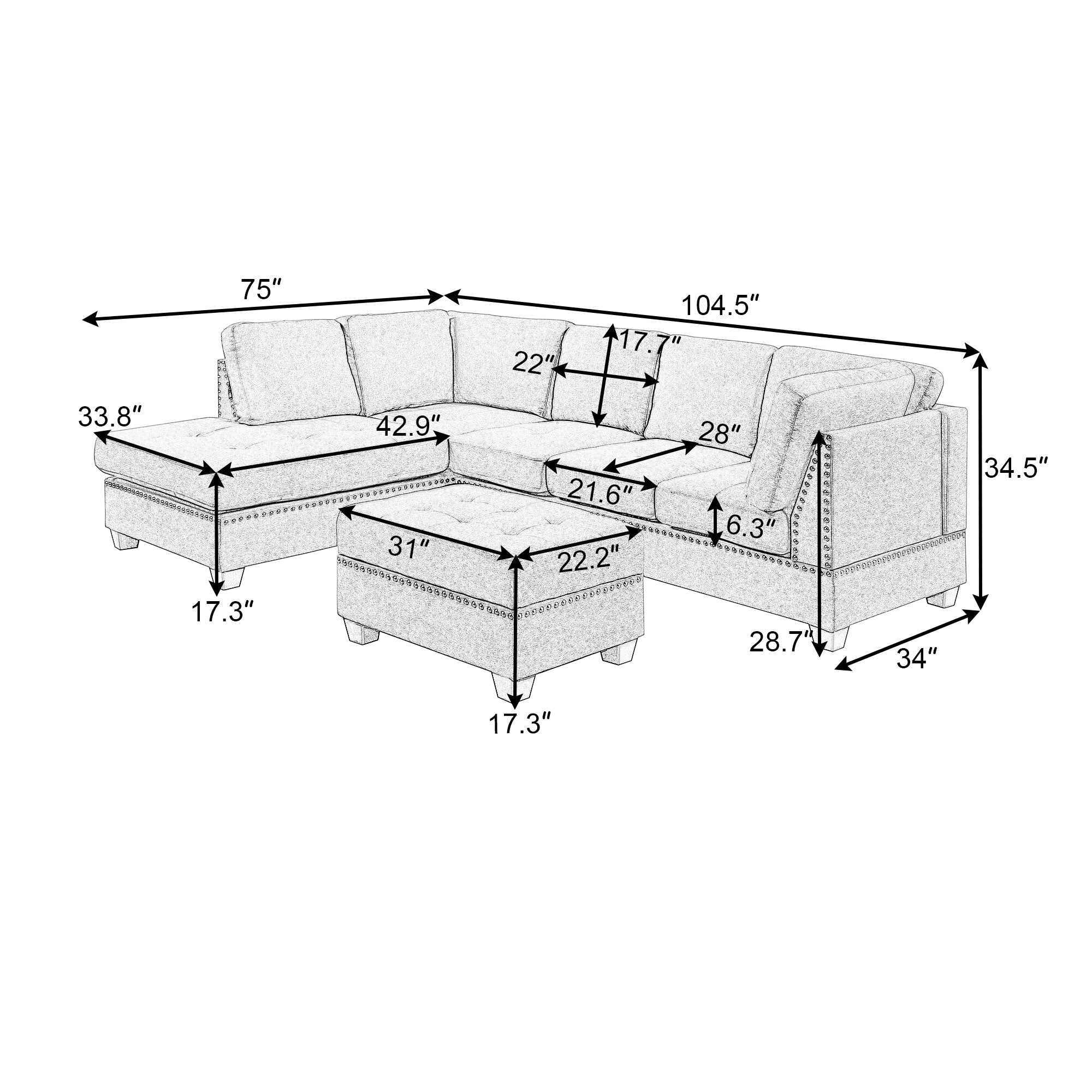 Reversible Sectional Sofa Space Saving with Storage Ottoman Rivet Ornament L-shape Couch for Small or Large Space Dorm Apartment