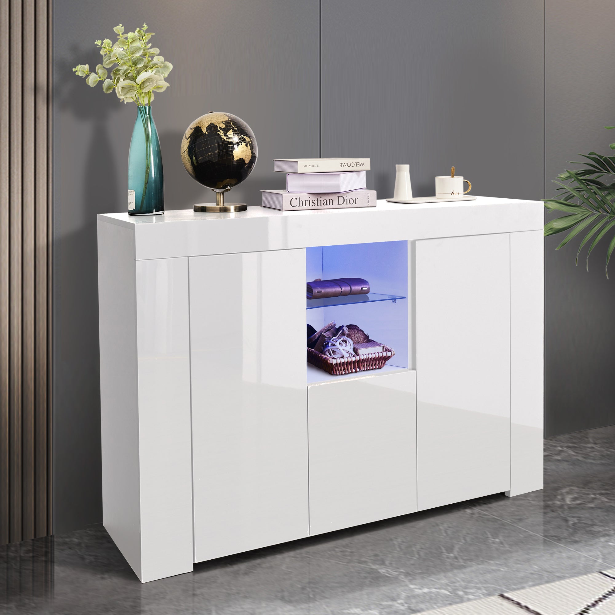 Kitchen Sideboard Cupboard with LED Light, White High Gloss Dining Room Buffet Storage Cabinet Hallway Living Room TV Stand Unit Display Cabinet with Drawer and 2 Doors