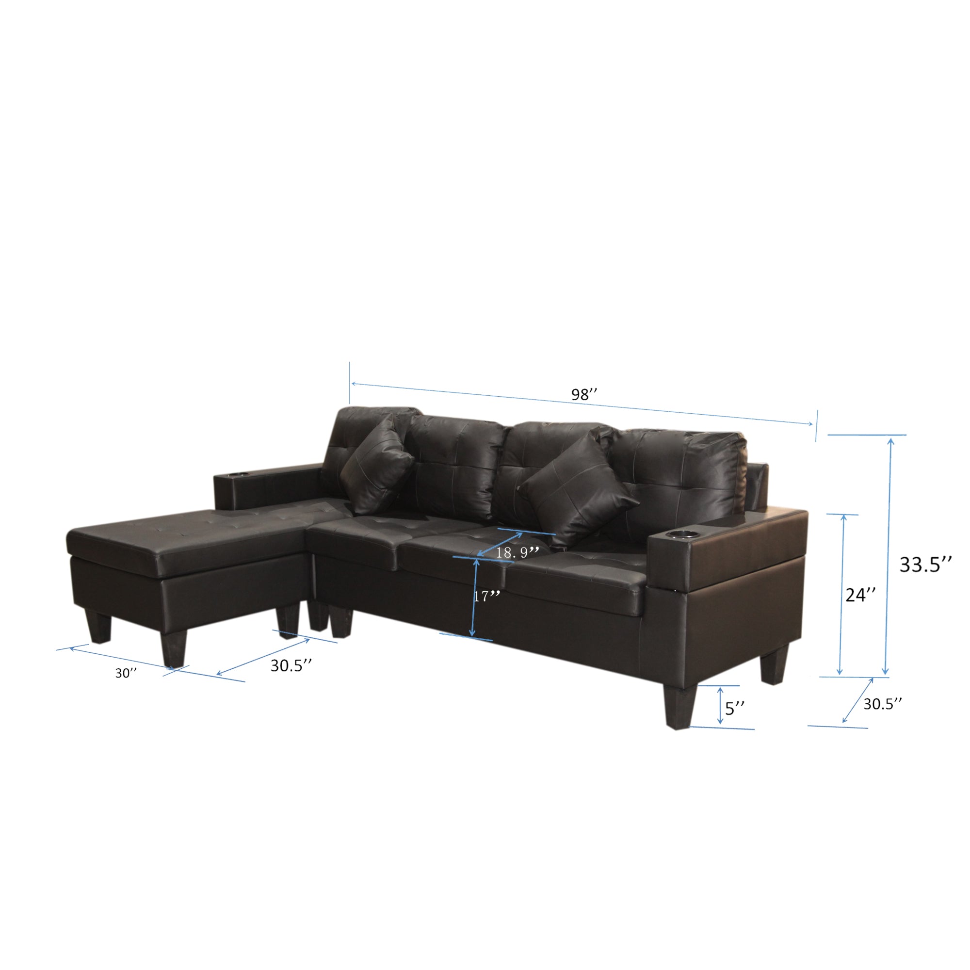 Sectional Sofa Set for Living Room with L Shape Chaise Lounge ,cup holder and Left or Right Hand Chaise Modern 4 Seat (BLACK)