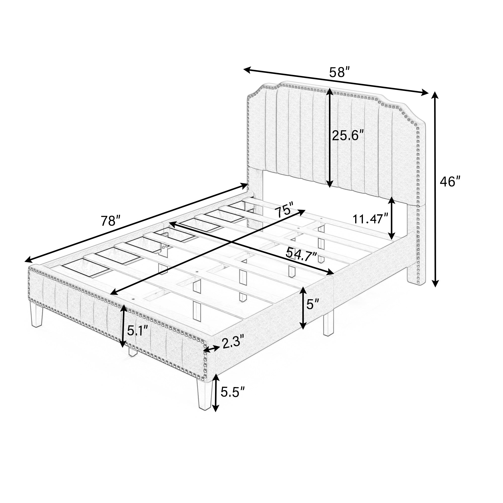 Modern Linen Curved Upholstered Platform Bed , Solid Wood Frame , Nailhead Trim (Full)