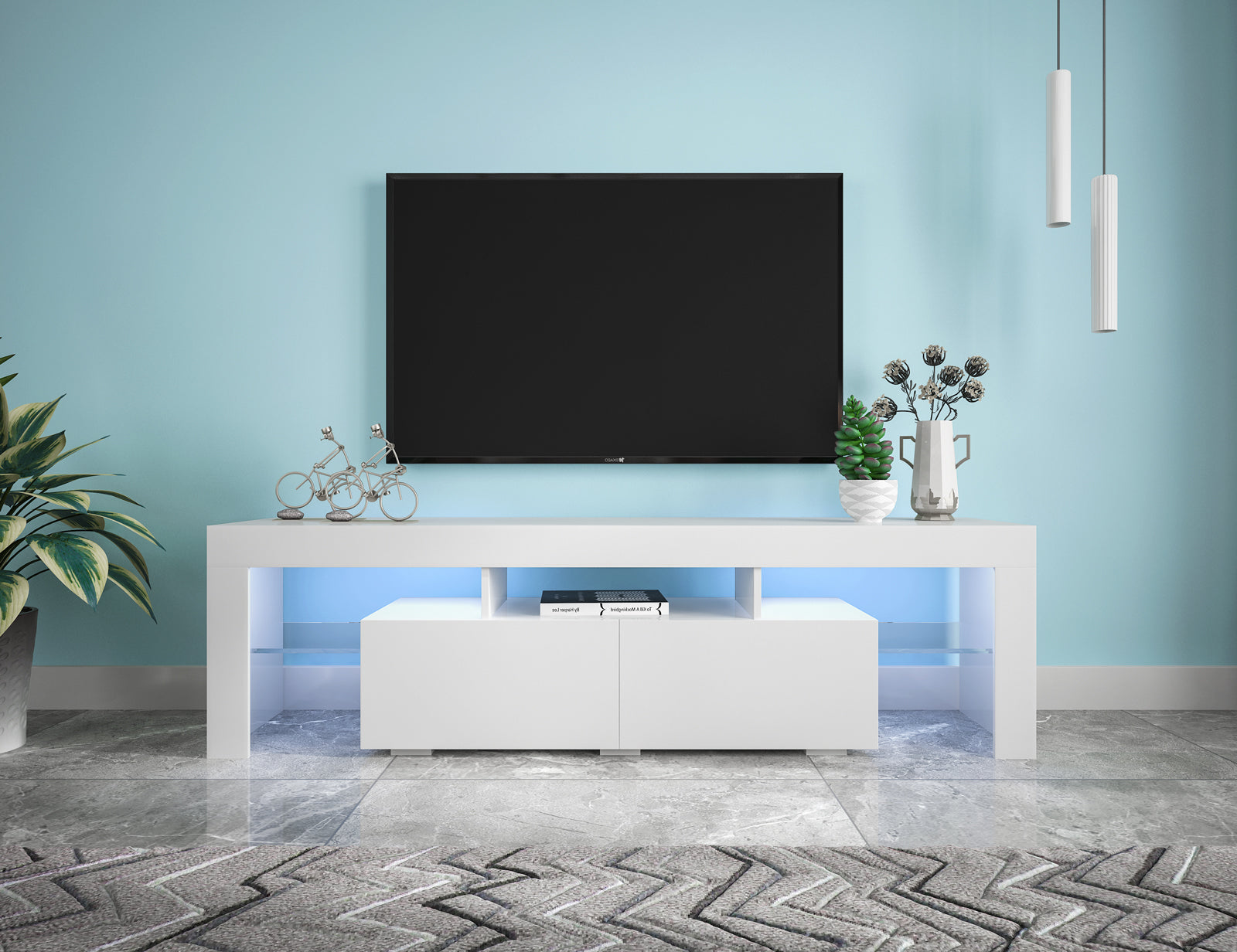 Modern White TV Stand, 20 Colors LED TV Stand w/Remote Control Lights