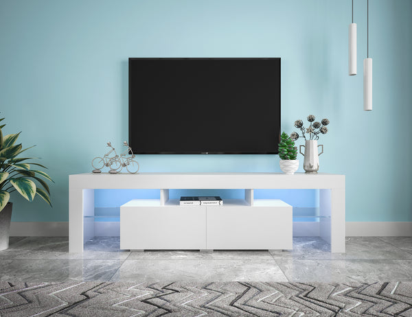 Modern White TV Stand, 20 Colors LED TV Stand w/Remote Control Lights