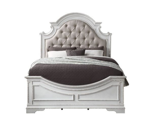 Florian Queen Bed , Beige PU  Antique White Finish 28720Q