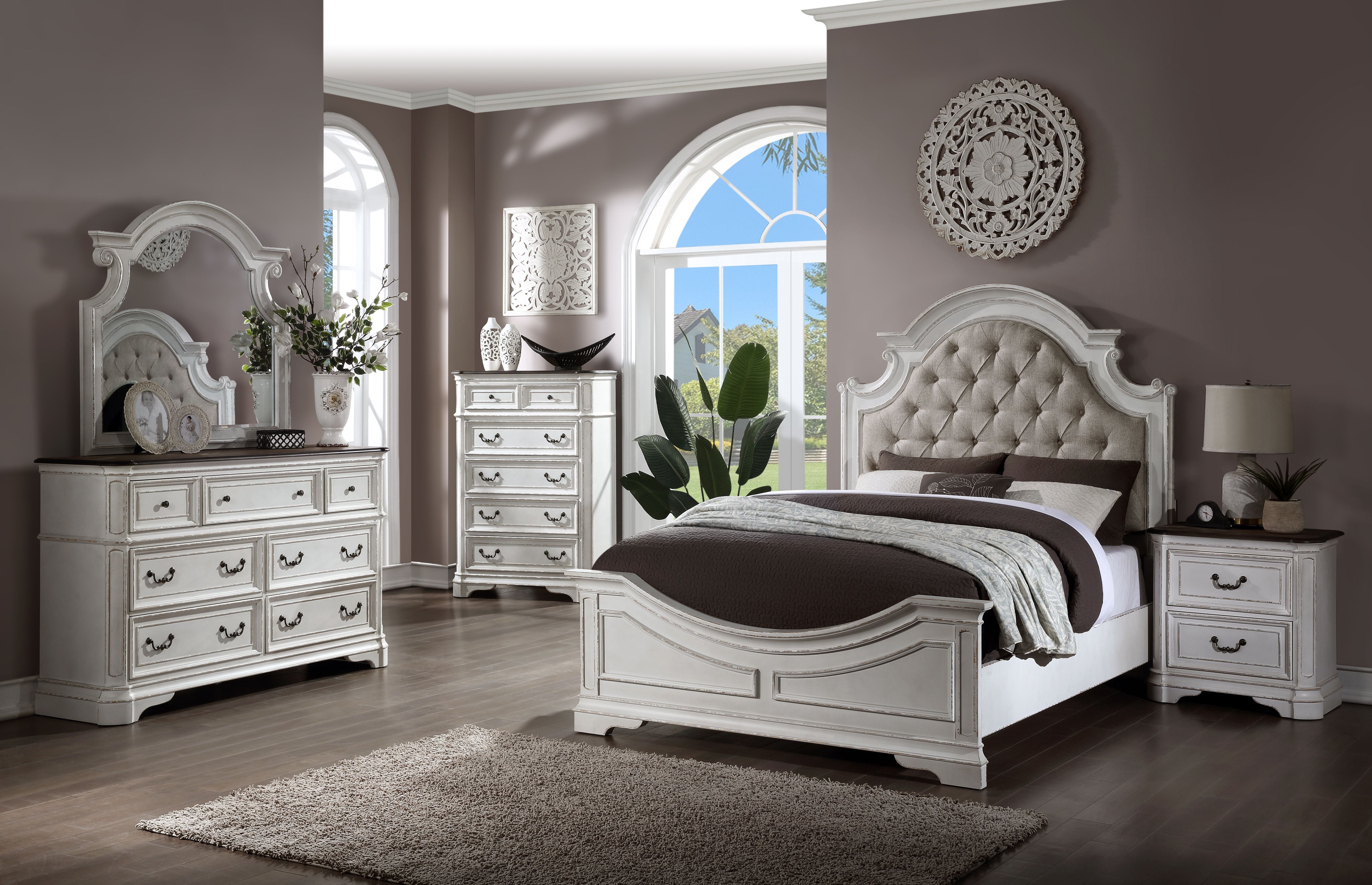 Florian Queen Bed , Beige PU  Antique White Finish 28720Q