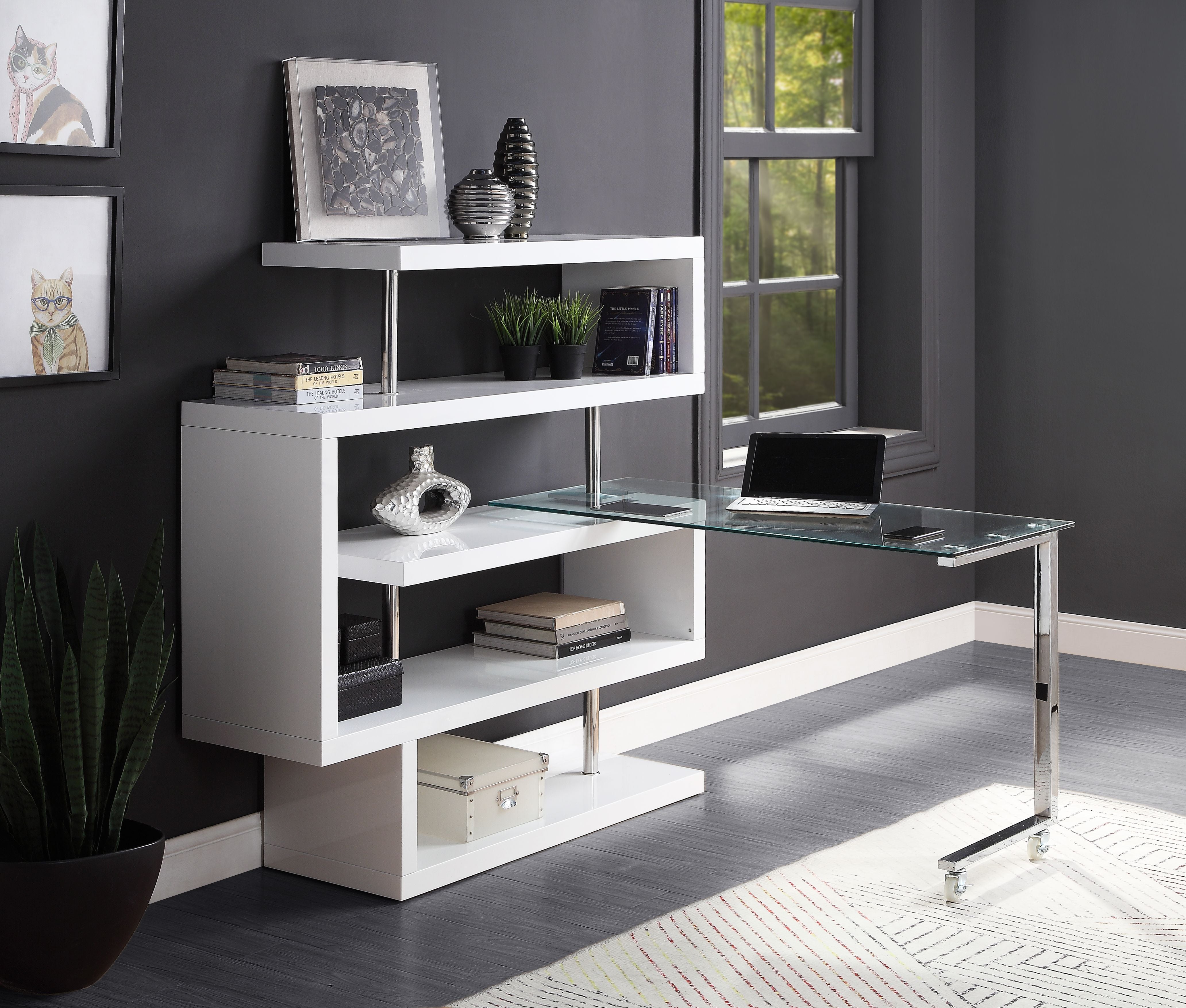 Raceloma Writing Desk w/Shelf, Clear Glass, White  Chrome Finish 93179