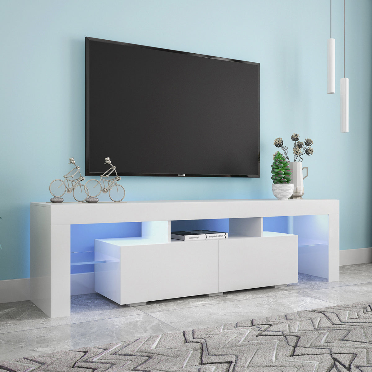 Modern White TV Stand, 20 Colors LED TV Stand w/Remote Control Lights