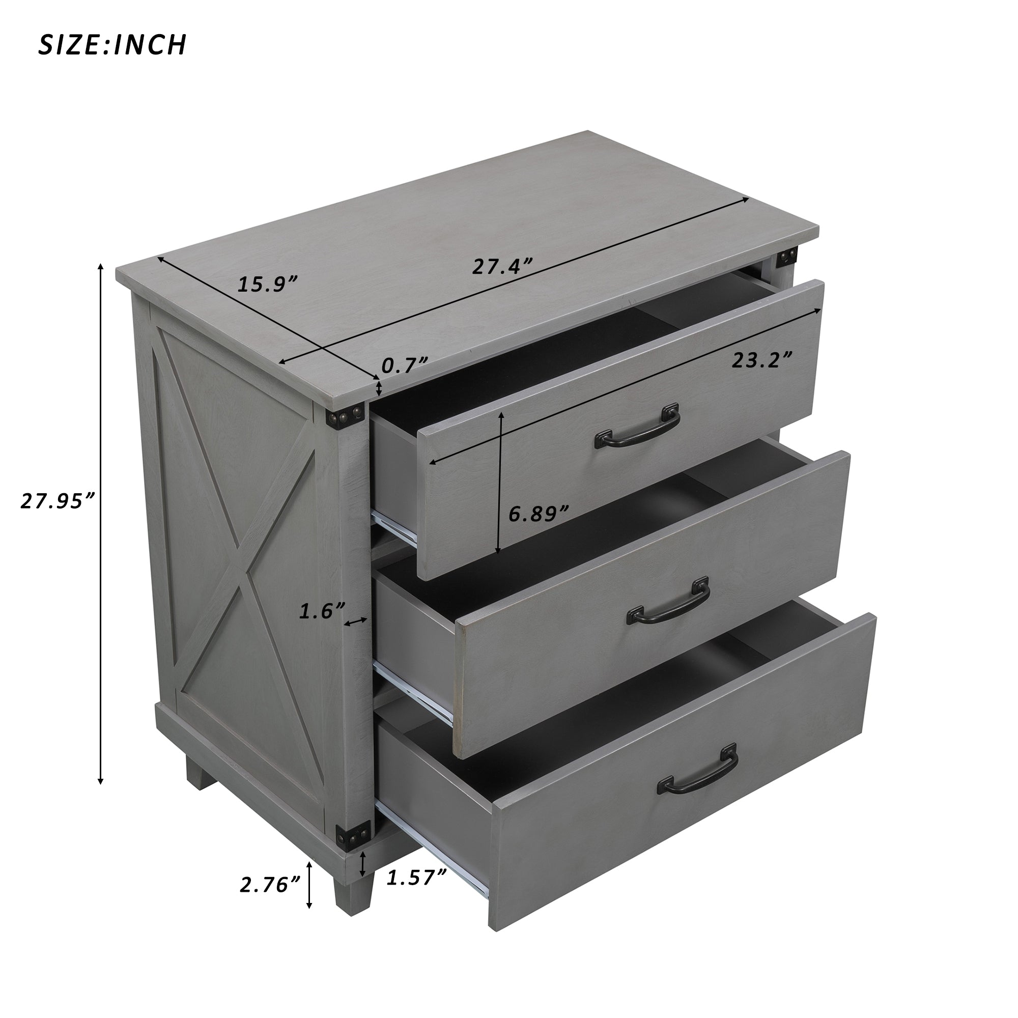 Modern Bedroom Nightstand with 3 Drawers Storage , Gray