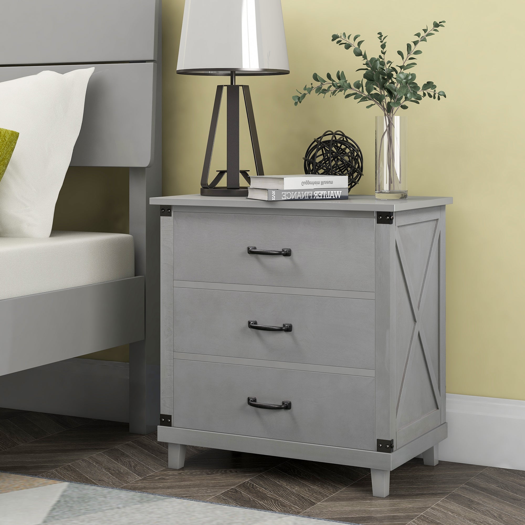 Modern Bedroom Nightstand with 3 Drawers Storage , Gray