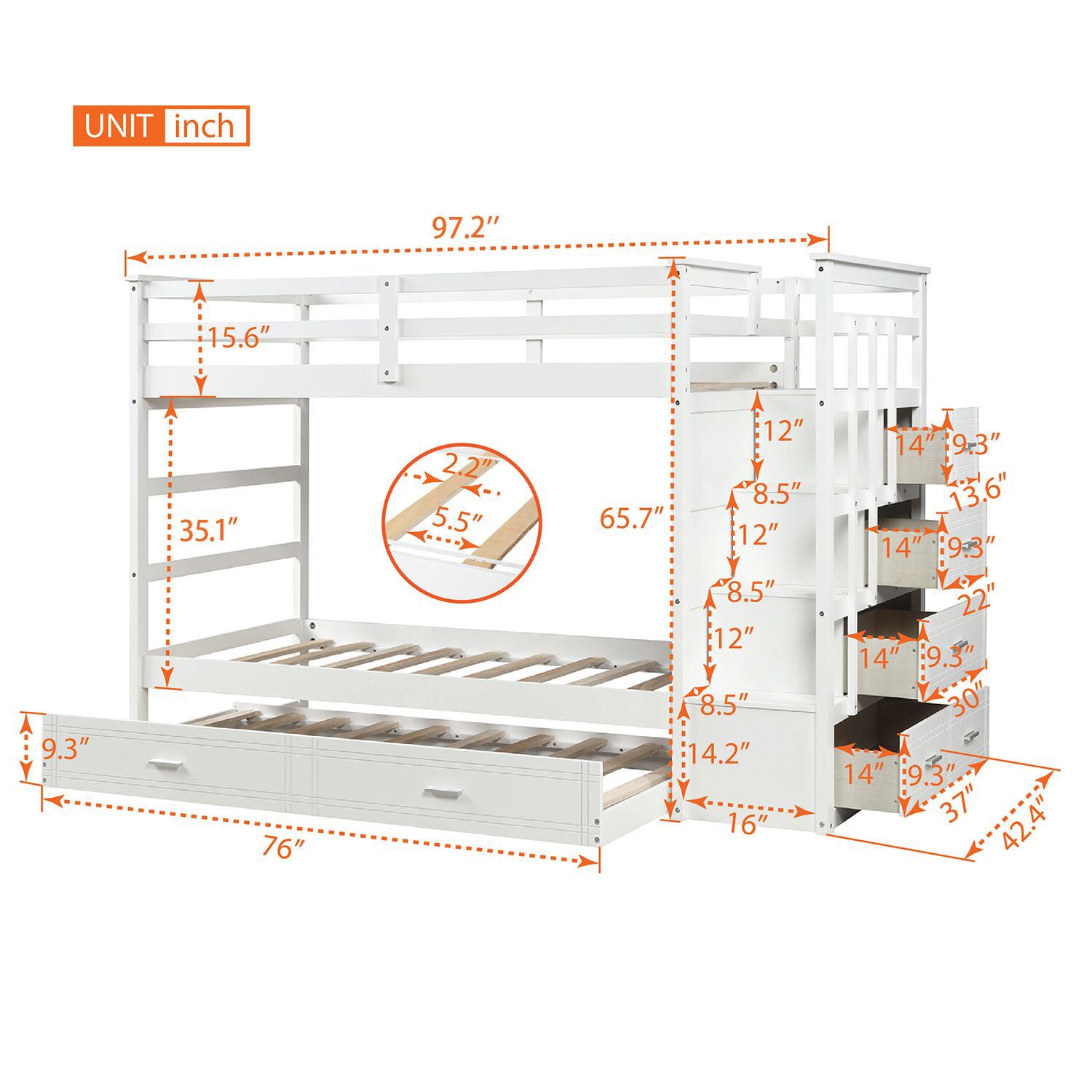 Solid Wood Bunk Bed for Kids, Hardwood Twin Over Twin Bunk Bed with Trundle and Staircase, Natural White Finish